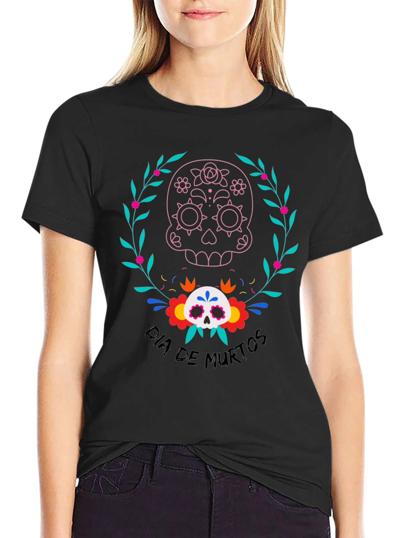 Dia de Muertos Skull Graphic Tee - Black