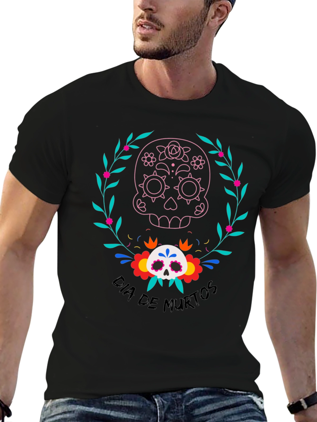 Dia de Muertos Skull Graphic Tee - Black