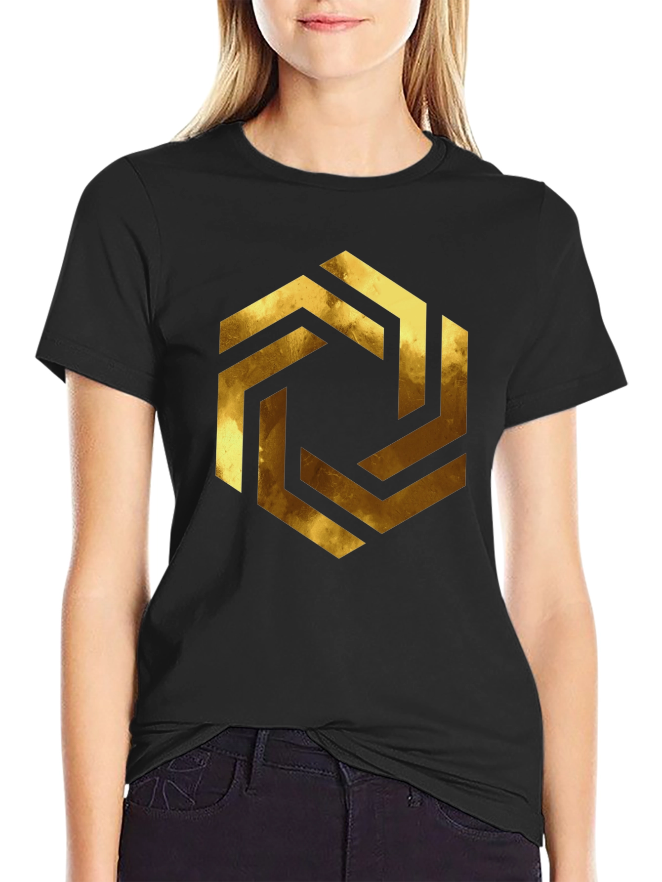 Abstract Geometric Gold Design Black T-Shirt