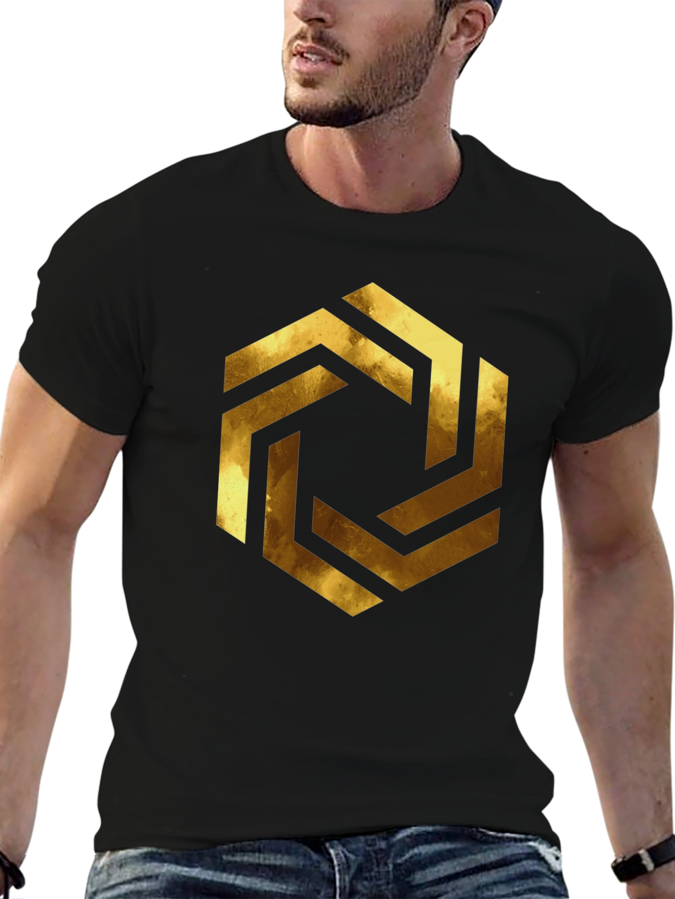 Abstract Geometric Gold Design Black T-Shirt