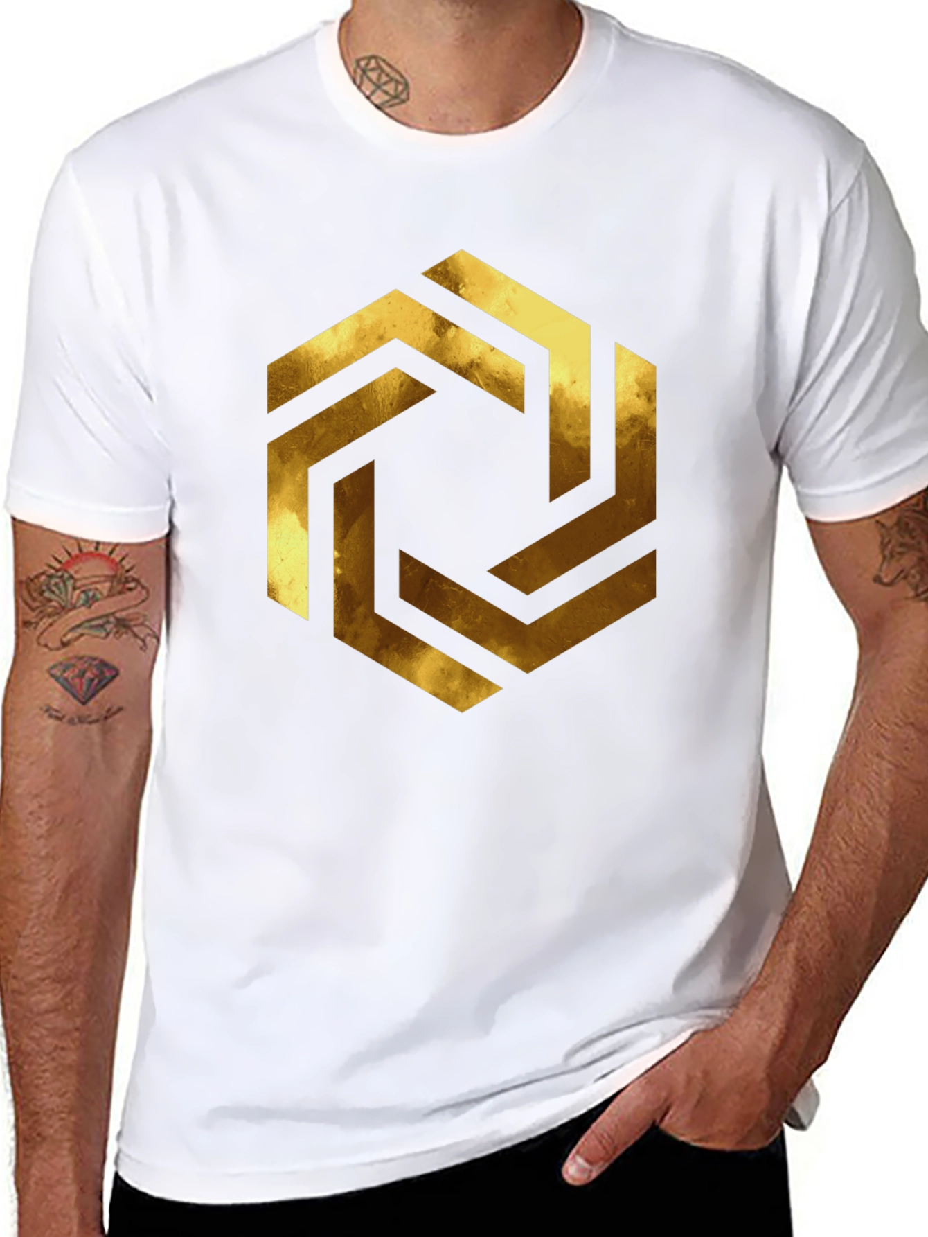 Abstract Geometric Gold Design Black T-Shirt