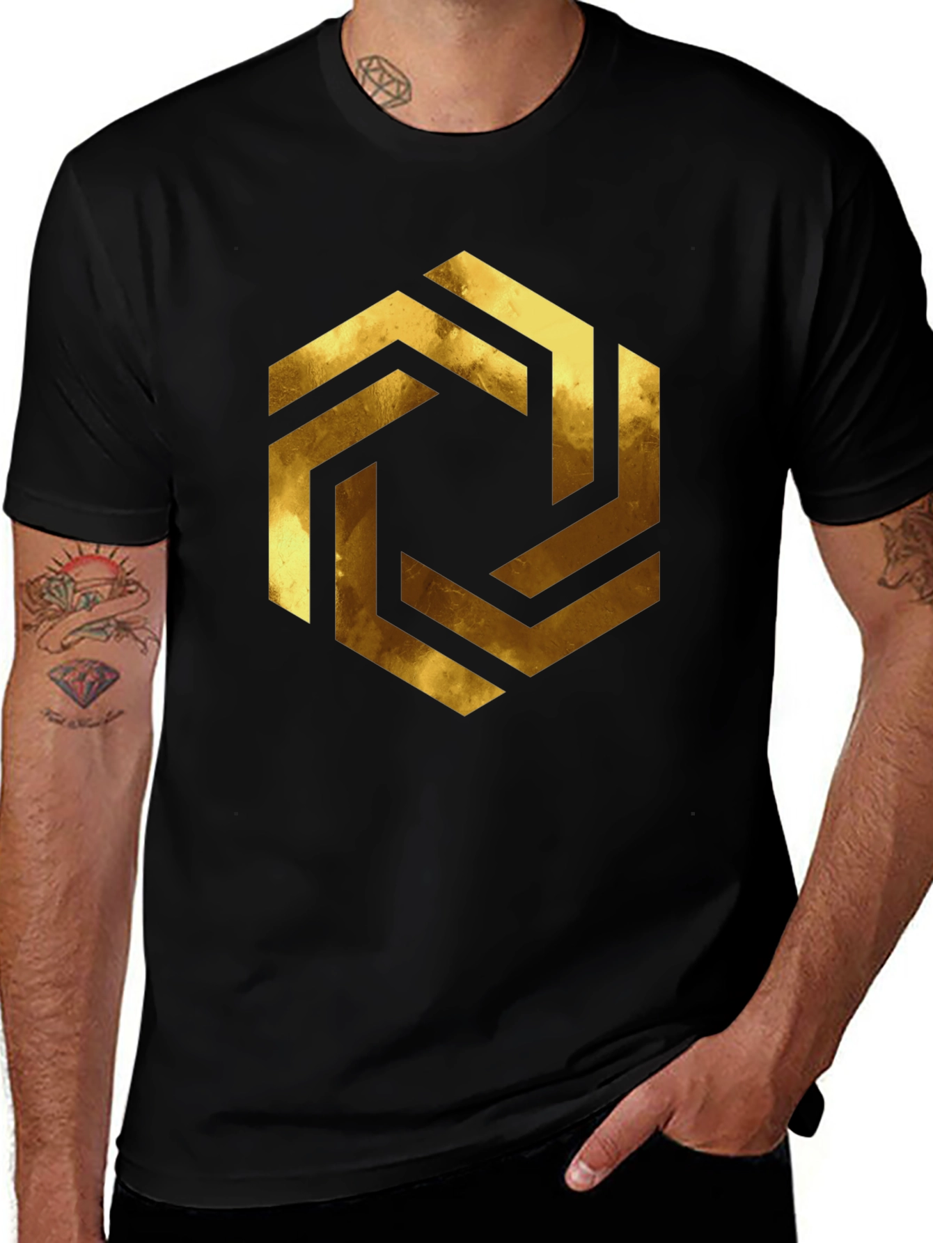 Abstract Geometric Gold Design Black T-Shirt