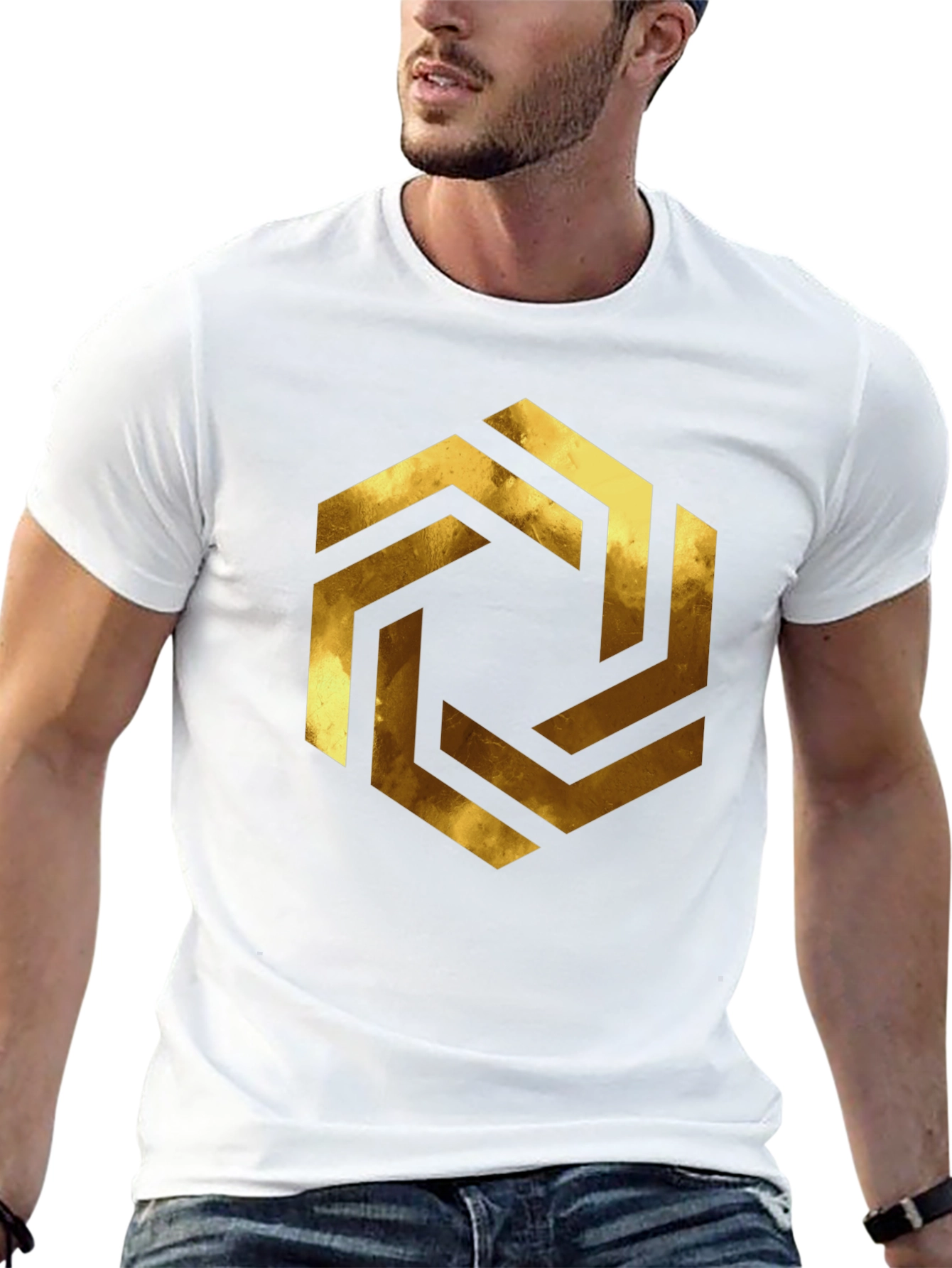 Abstract Geometric Gold Design Black T-Shirt