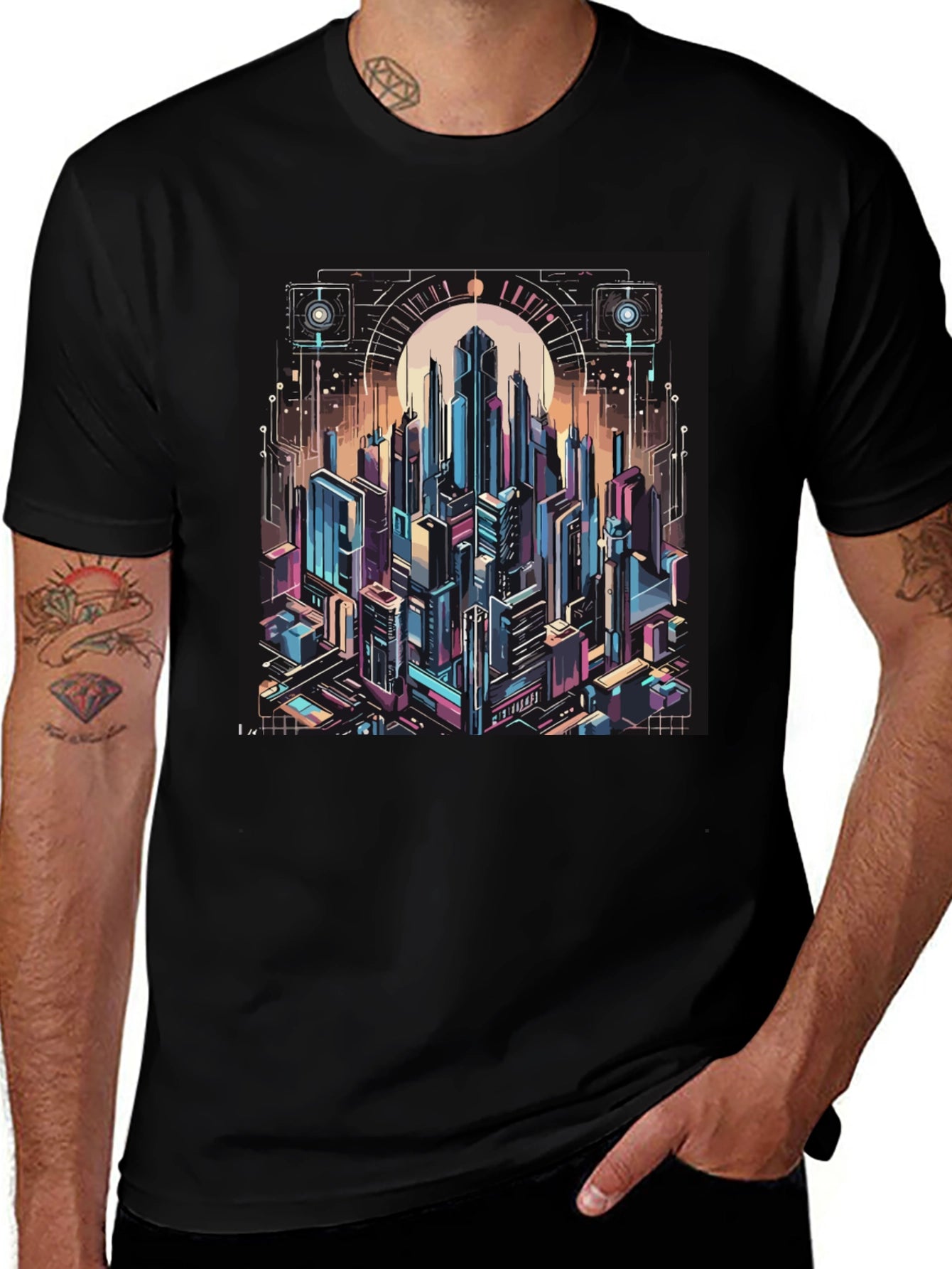 Cyberpunk Cityscape Graphic Tee - Black