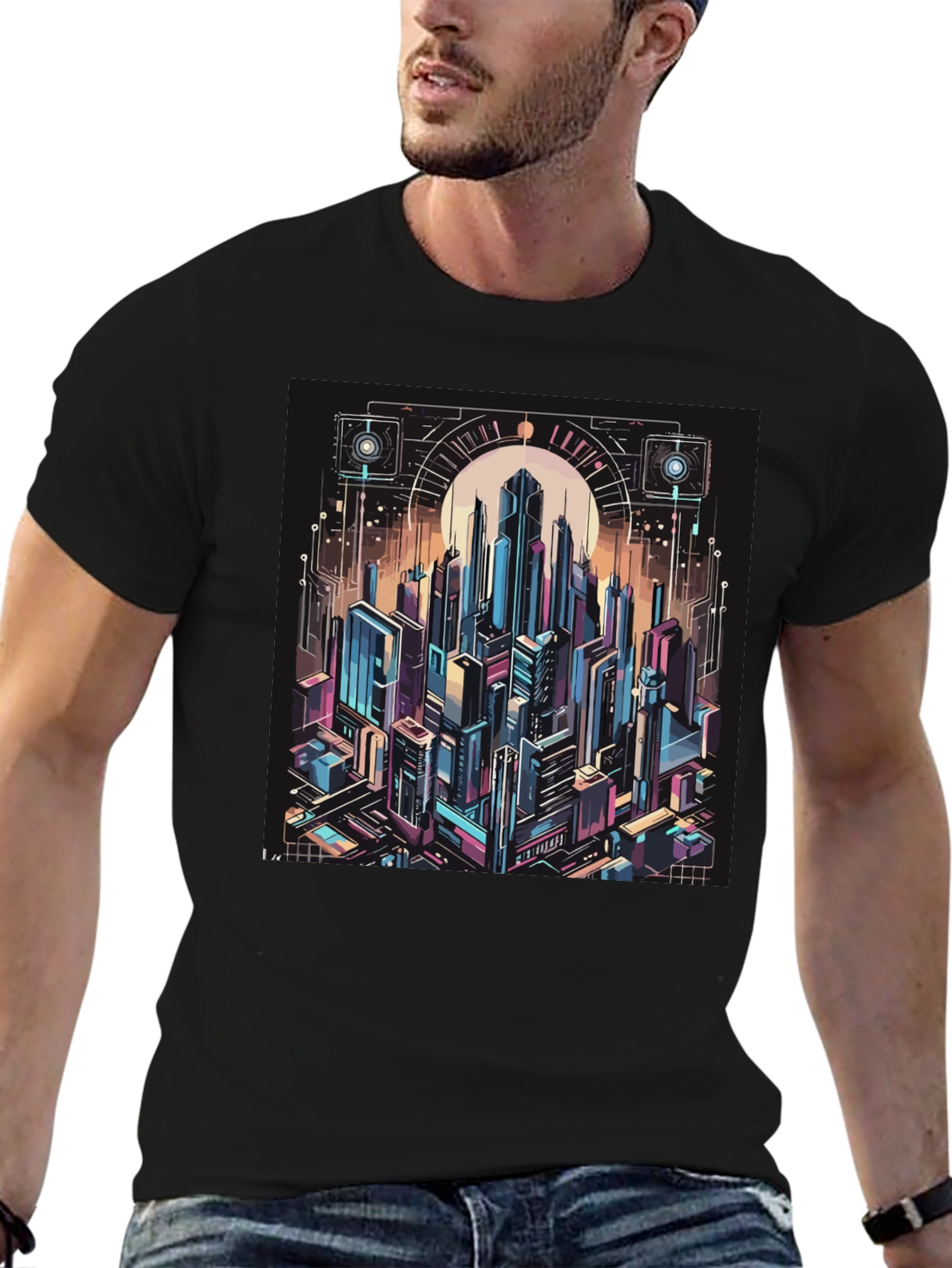 Cyberpunk Cityscape Graphic Tee - Black