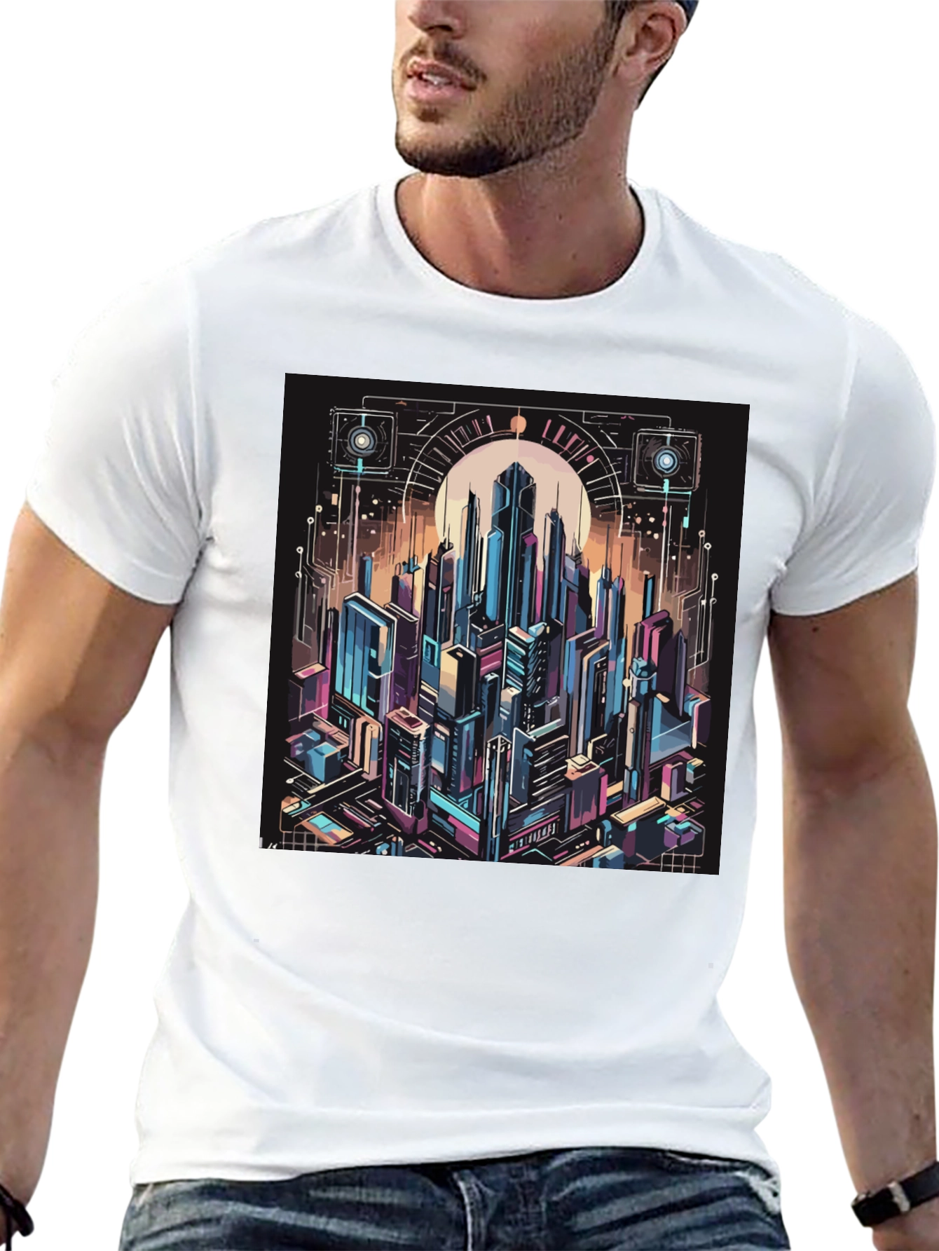 Cyberpunk Cityscape Graphic Tee - Black