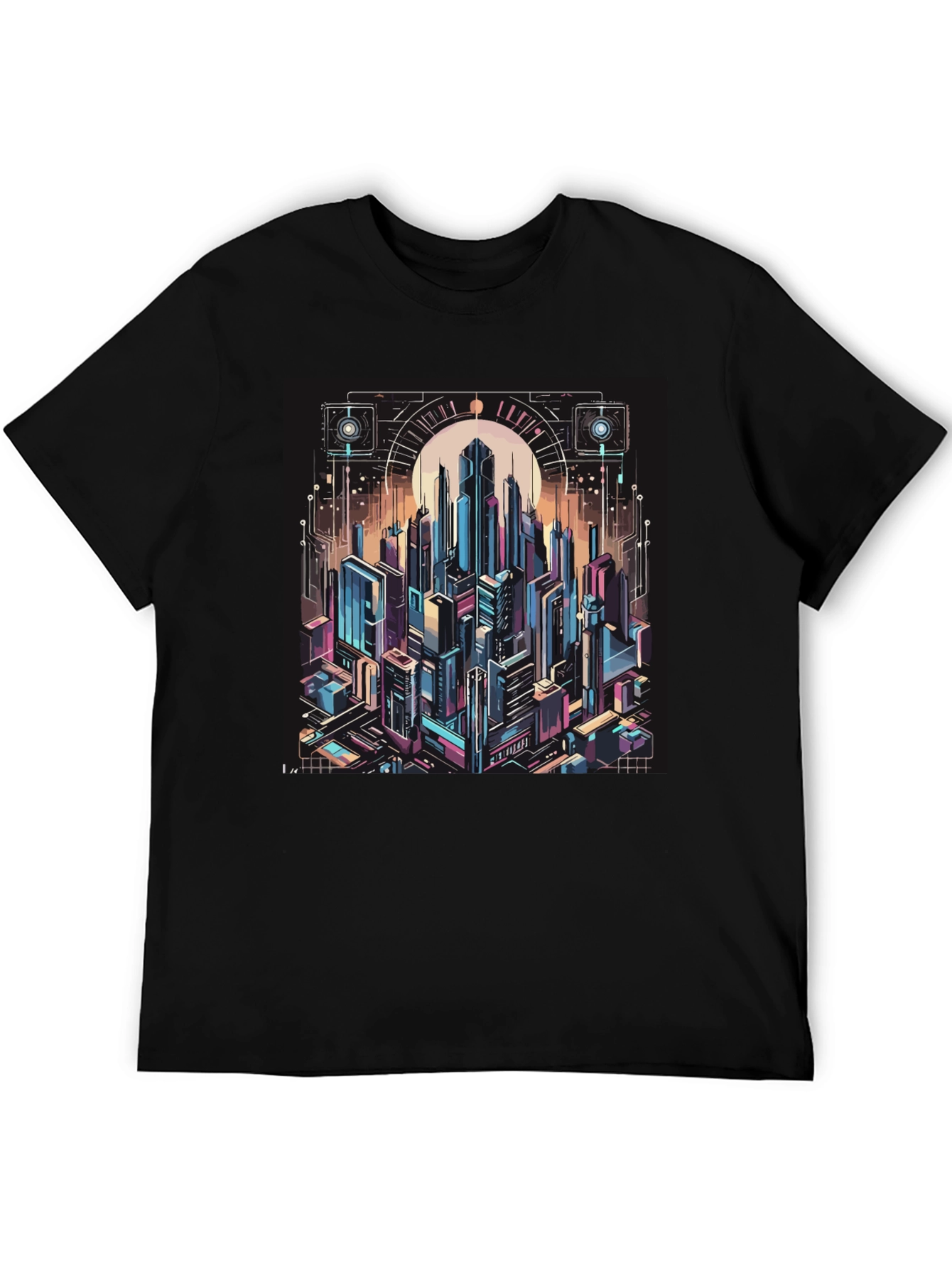 Cyberpunk Cityscape Graphic Tee - Black