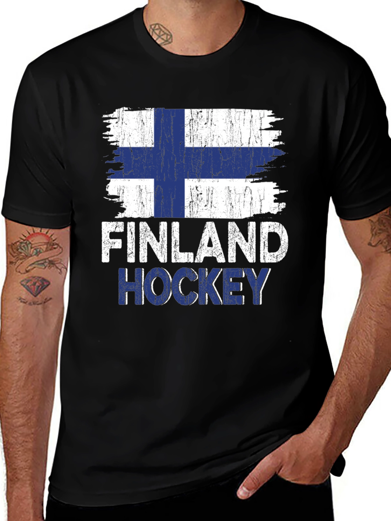 Finland Hockey Flag Graphic Tee - Black Cotton Shirt