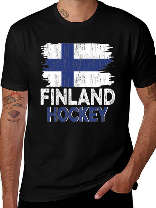Finland Hockey Flag Graphic Tee - Black Cotton Shirt