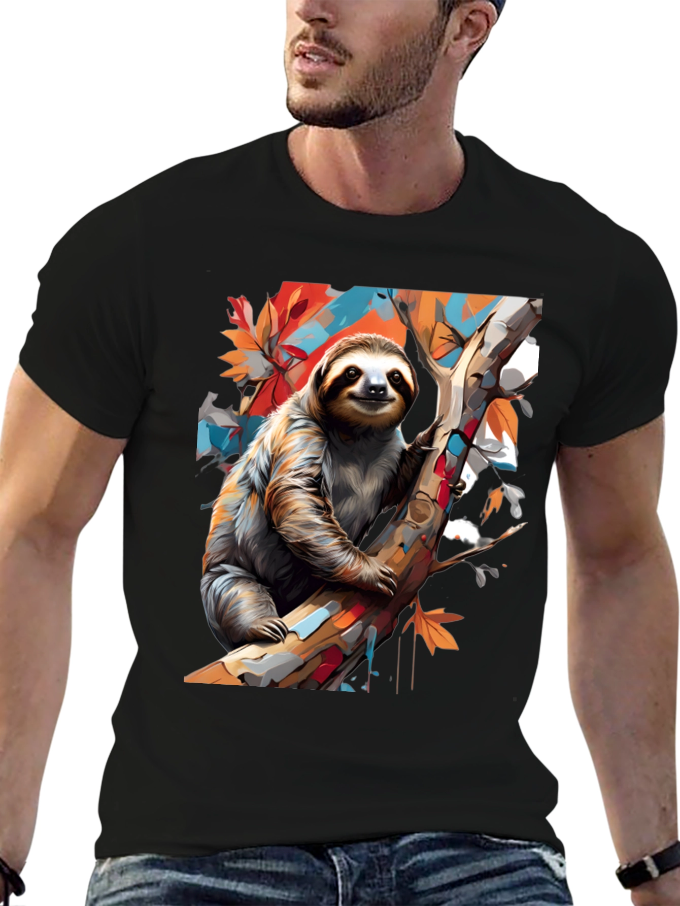 Sloth Graphic Tee - Mens Black Cotton T-Shirt