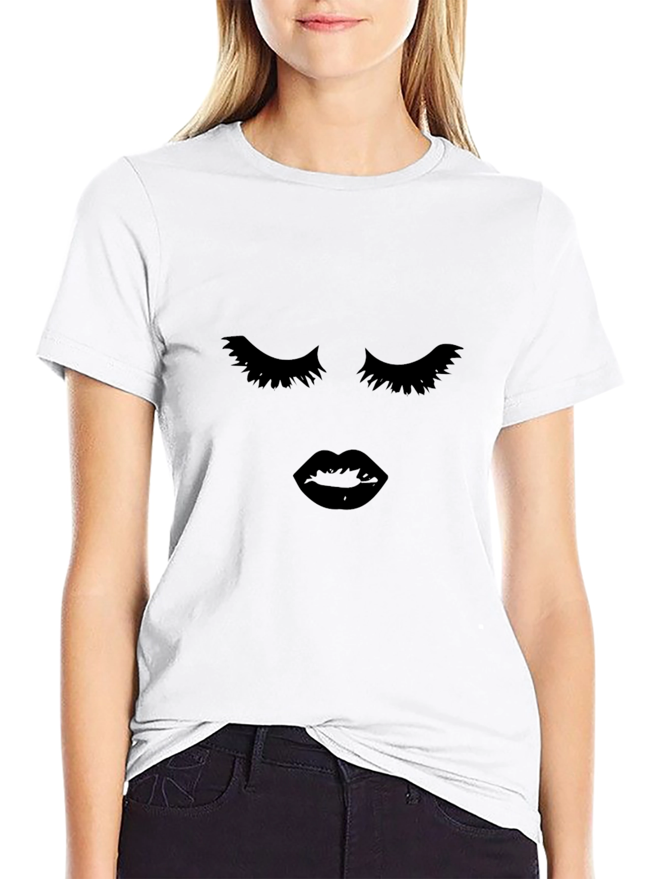 Glam Black Tee: Lashes & Lips Graphic Print