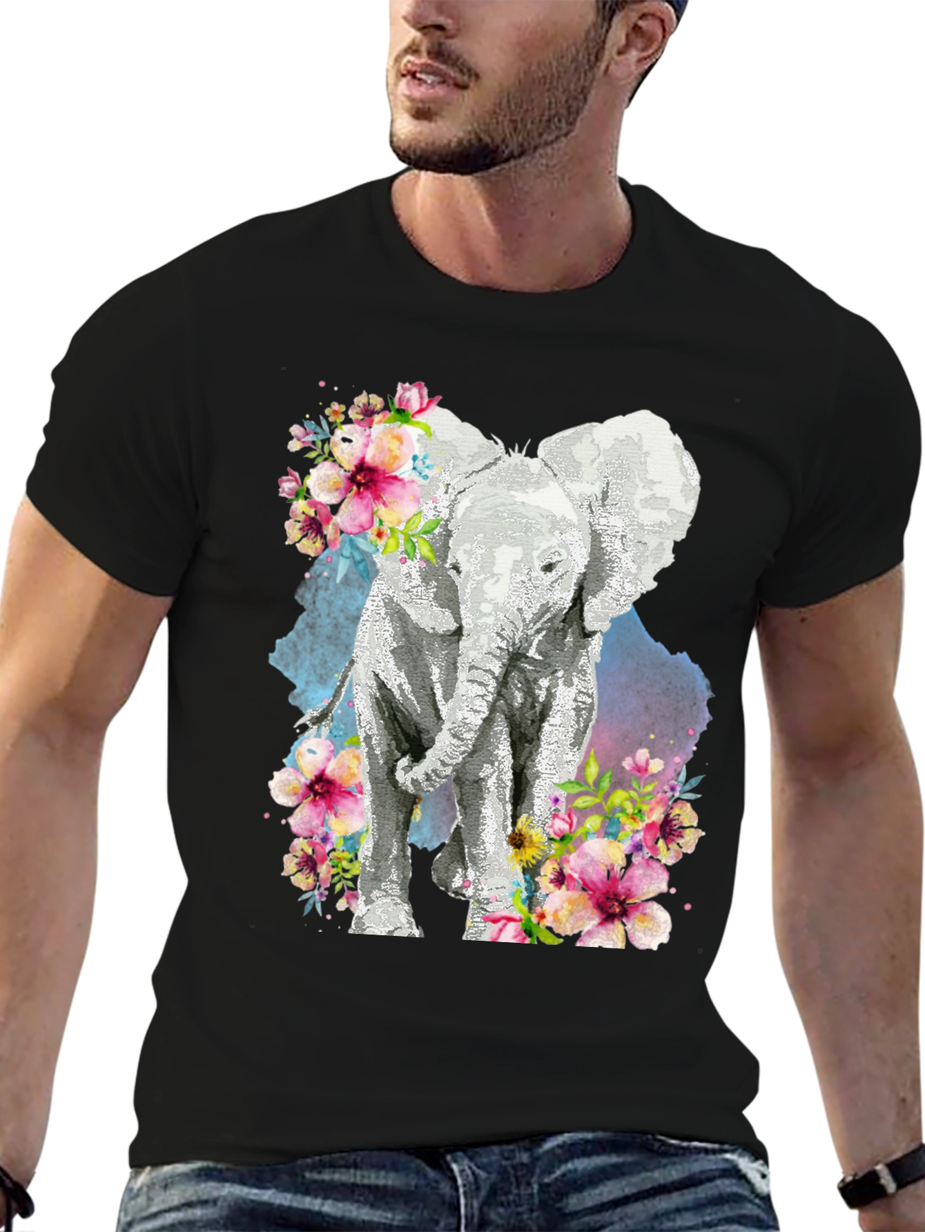 Elephant Floral Graphic Tee - Black