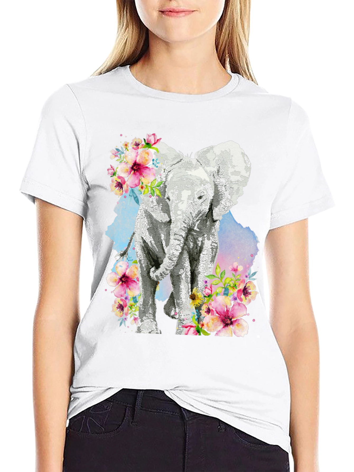 Elephant Floral Graphic Tee - Black