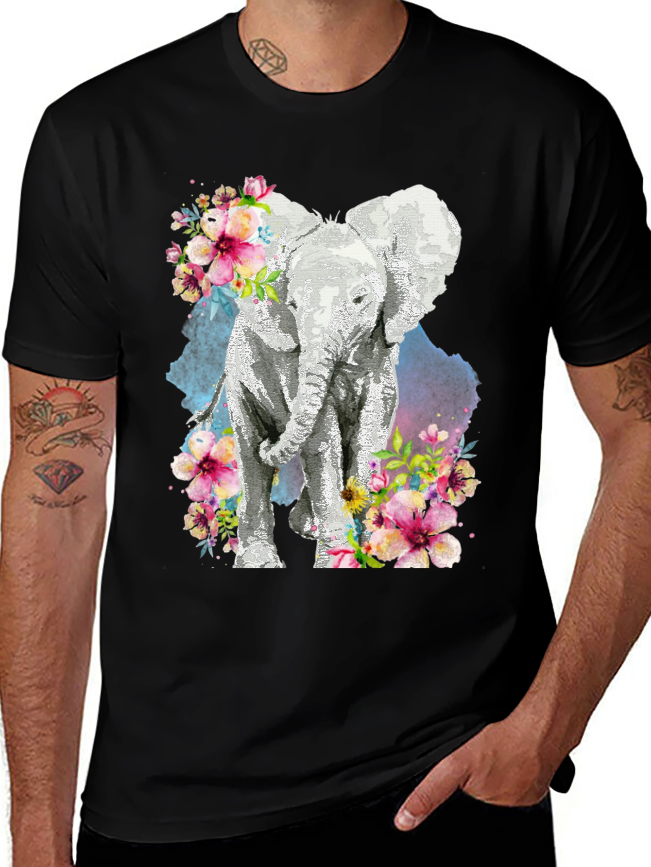 Elephant Floral Graphic Tee - Black