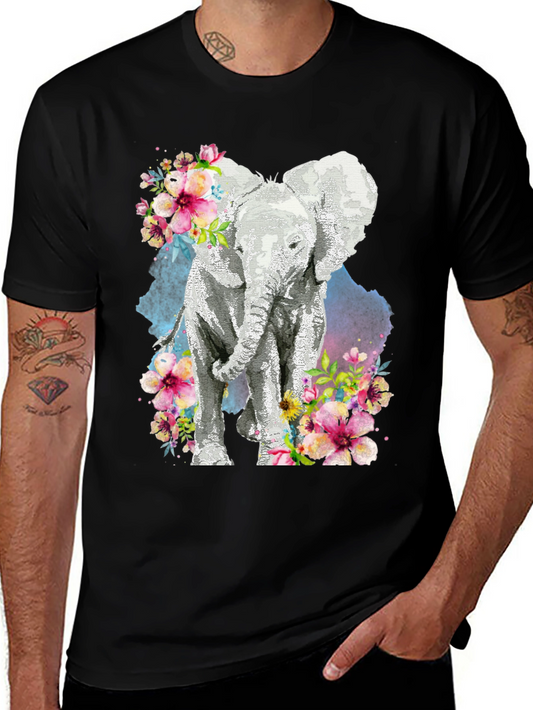 Elephant Floral Graphic Tee - Black