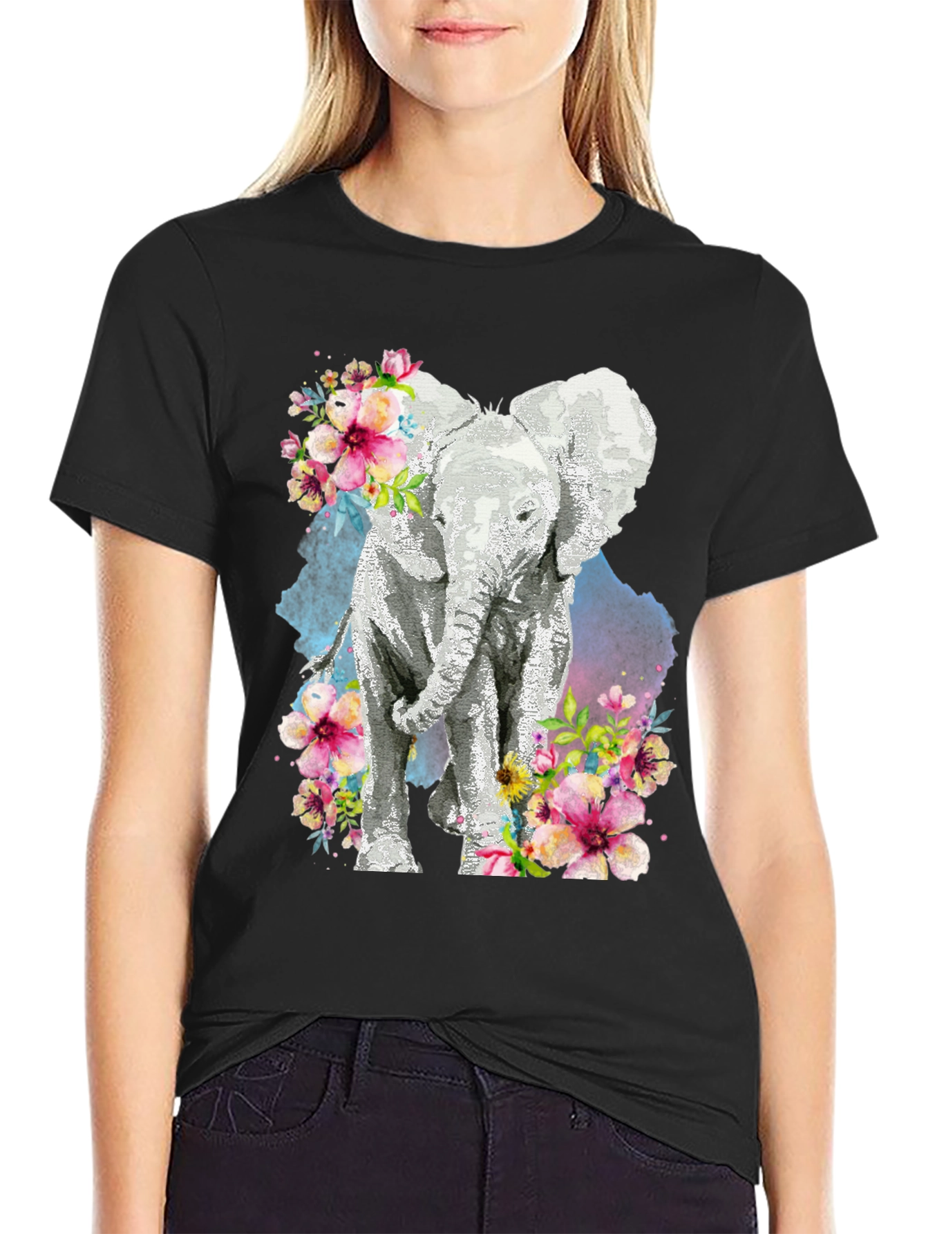 Elephant Floral Graphic Tee - Black