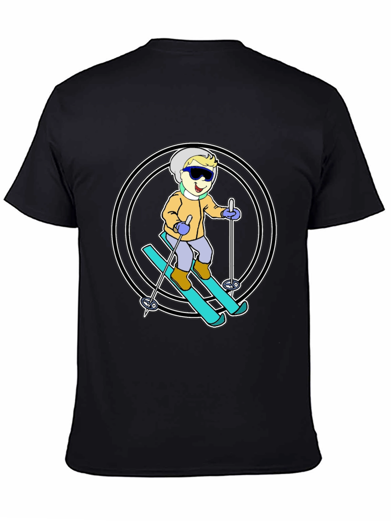 Cartoon Skier T-Shirt - Black Cotton Blend