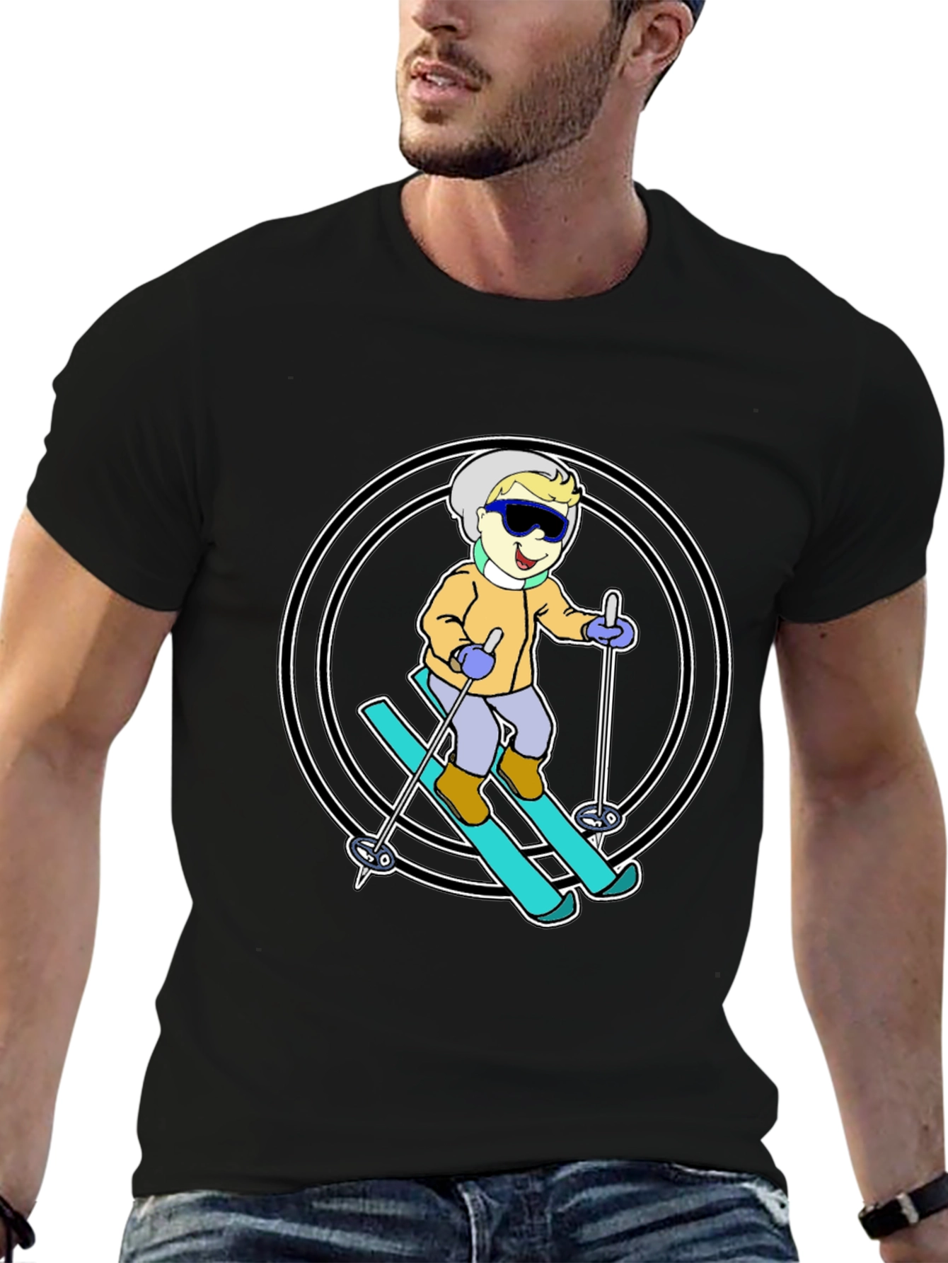 Cartoon Skier T-Shirt - Black Cotton Blend