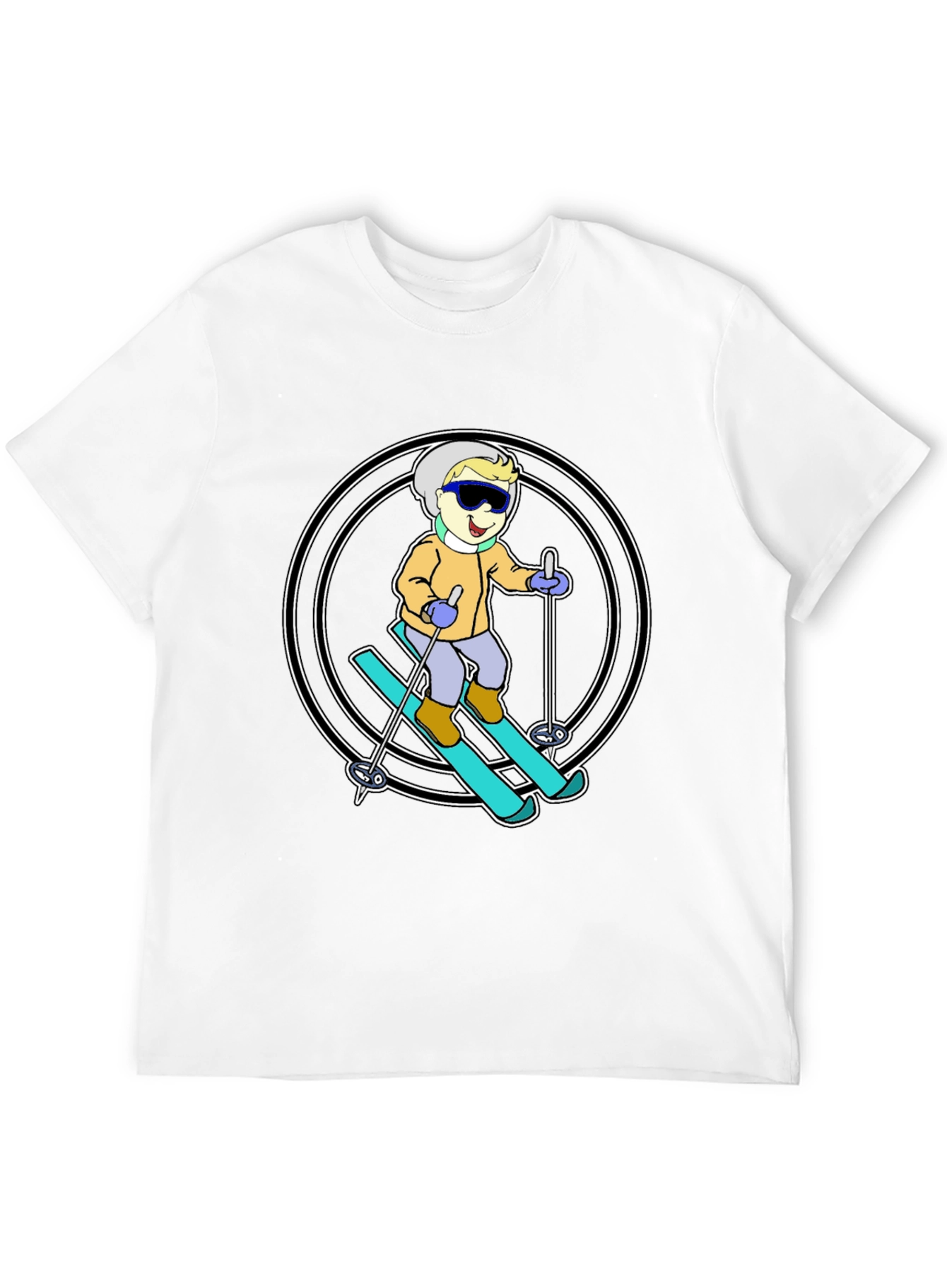 Cartoon Skier T-Shirt - Black Cotton Blend