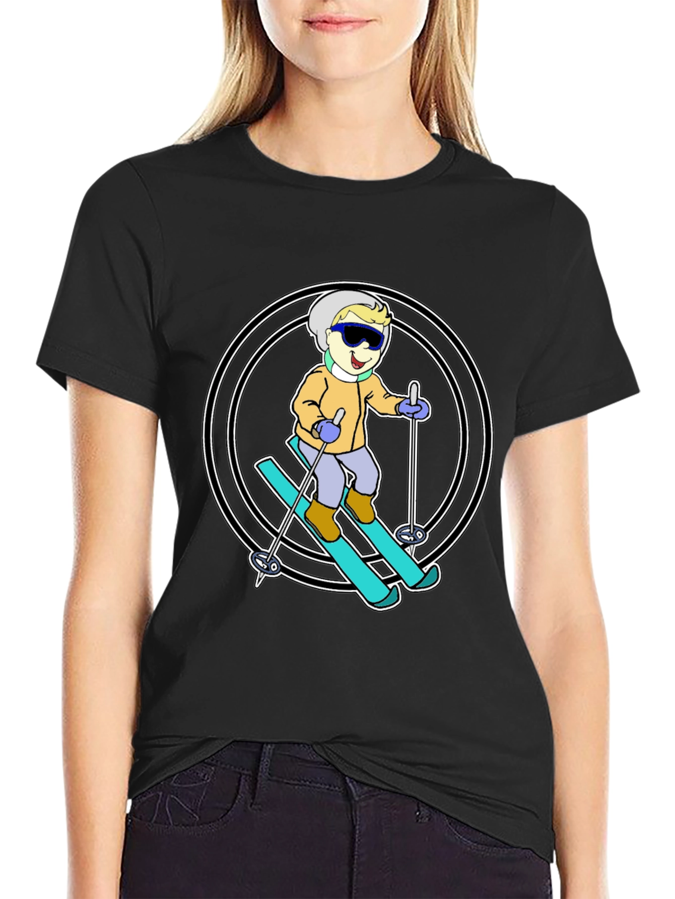 Cartoon Skier T-Shirt - Black Cotton Blend
