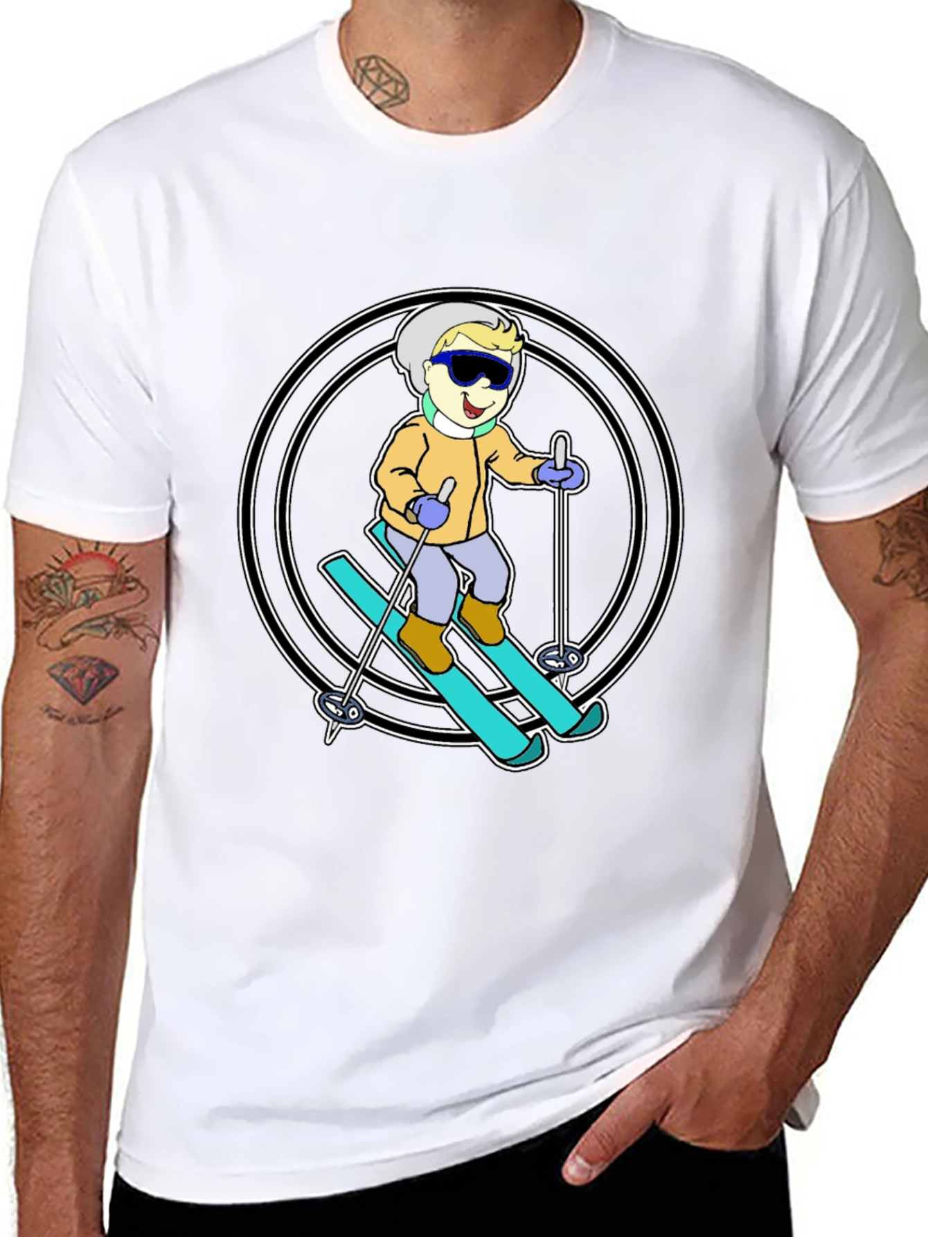 Cartoon Skier T-Shirt - Black Cotton Blend