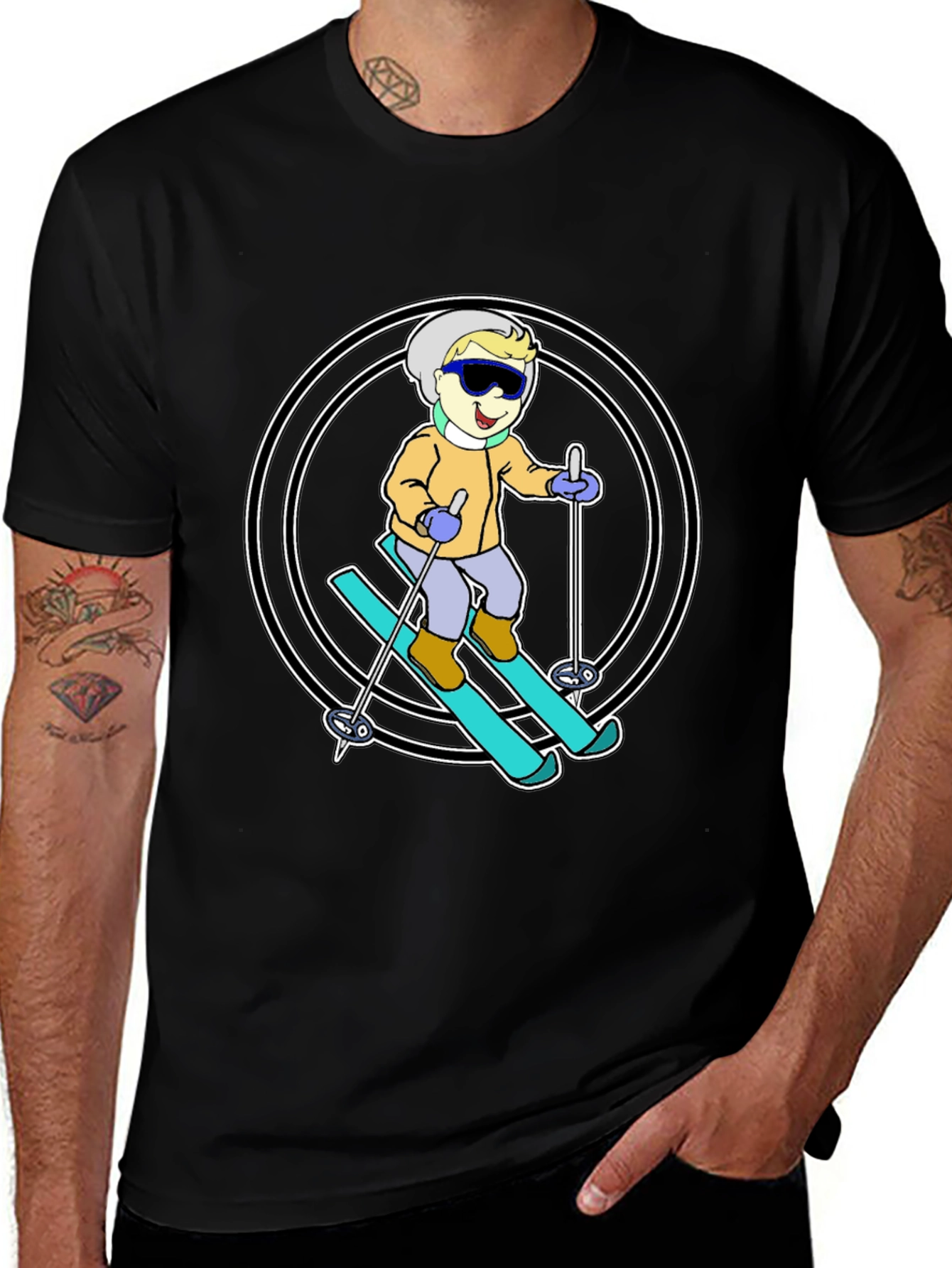 Cartoon Skier T-Shirt - Black Cotton Blend
