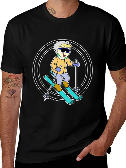 Cartoon Skier T-Shirt - Black Cotton Blend