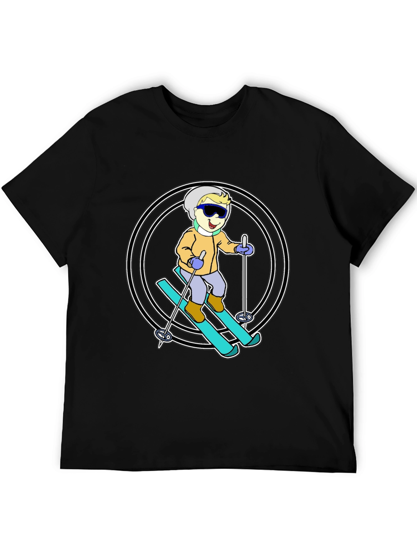 Cartoon Skier T-Shirt - Black Cotton Blend
