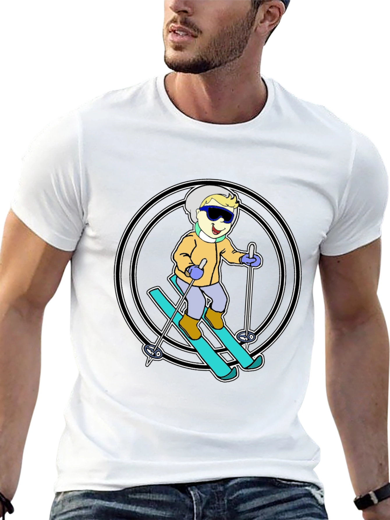 Cartoon Skier T-Shirt - Black Cotton Blend