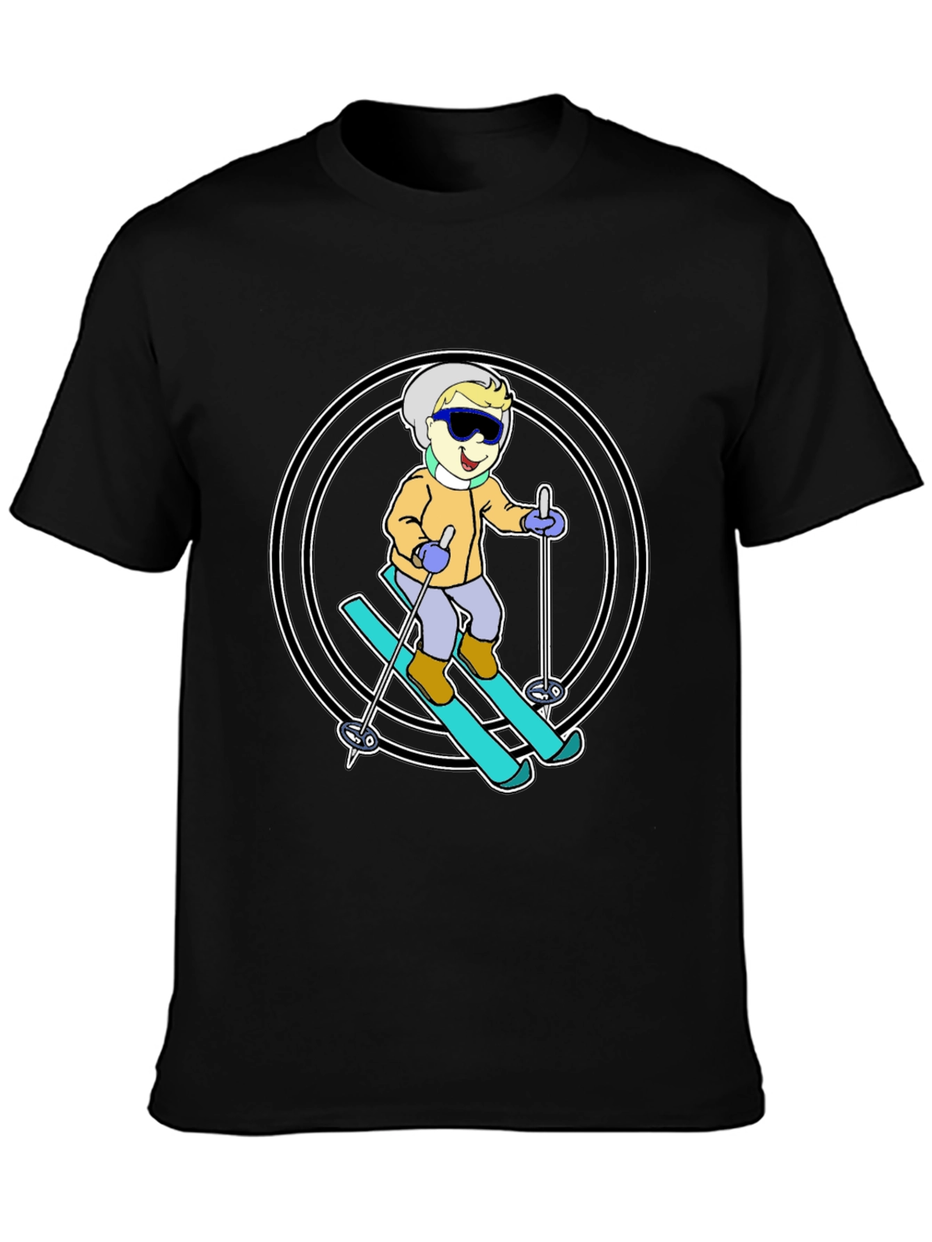 Cartoon Skier T-Shirt - Black Cotton Blend