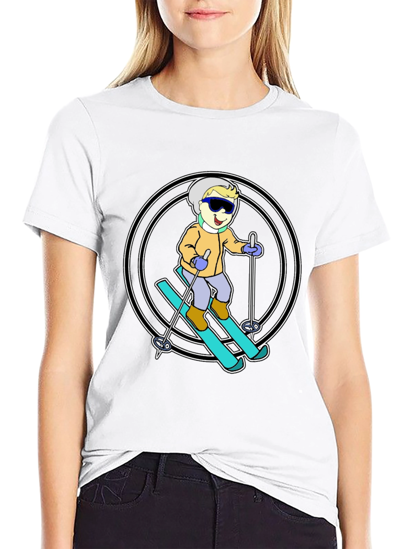 Cartoon Skier T-Shirt - Black Cotton Blend