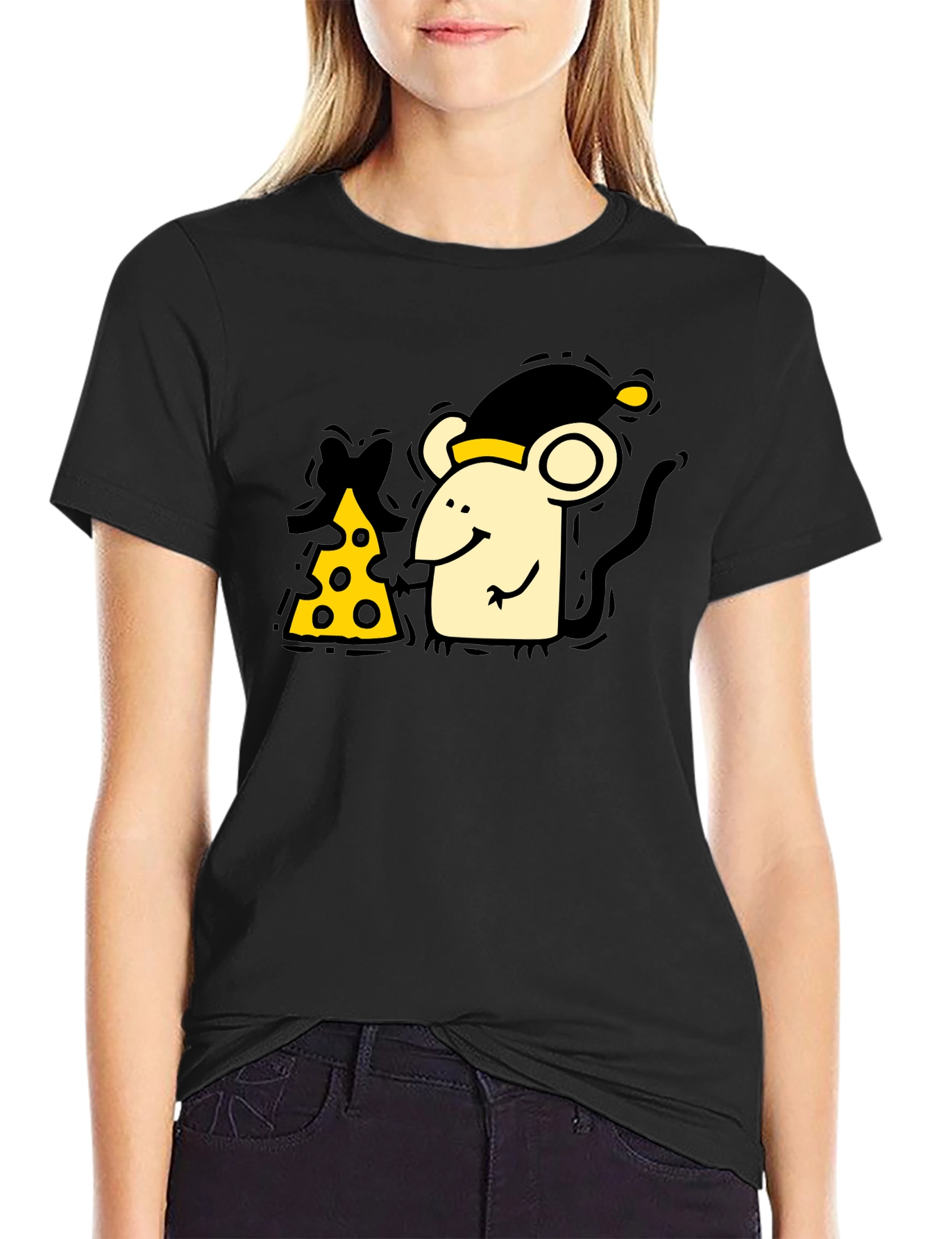 Cute Mouse & Cheese Graphic Black T-Shirt
