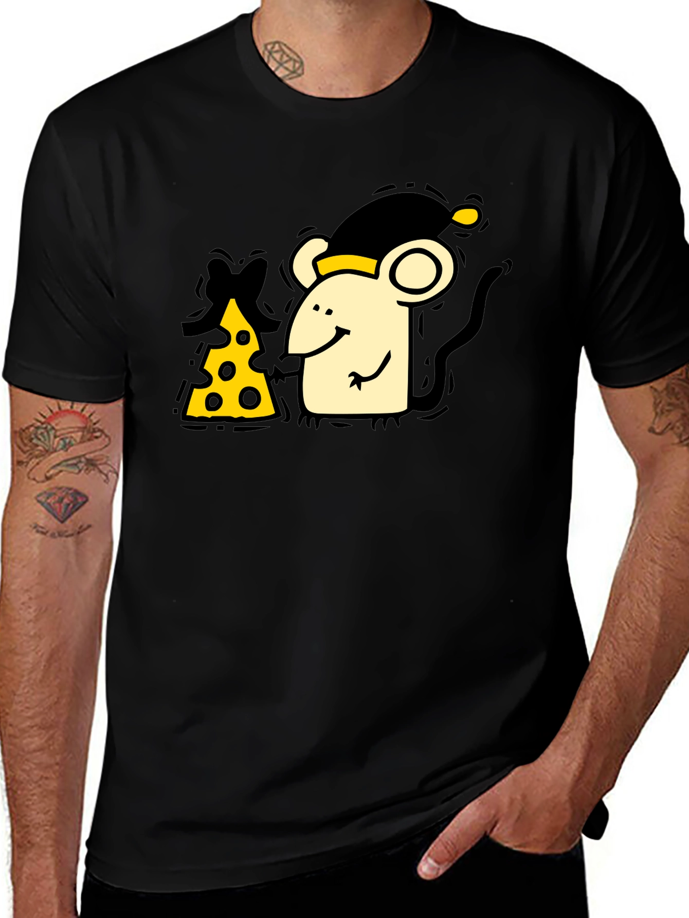 Cute Mouse & Cheese Graphic Black T-Shirt