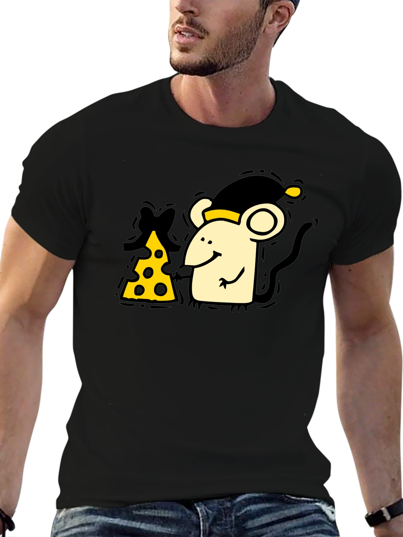 Cute Mouse & Cheese Graphic Black T-Shirt