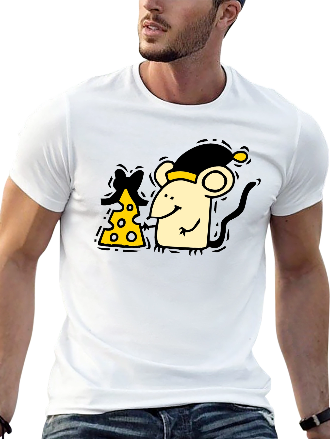 Cute Mouse & Cheese Graphic Black T-Shirt