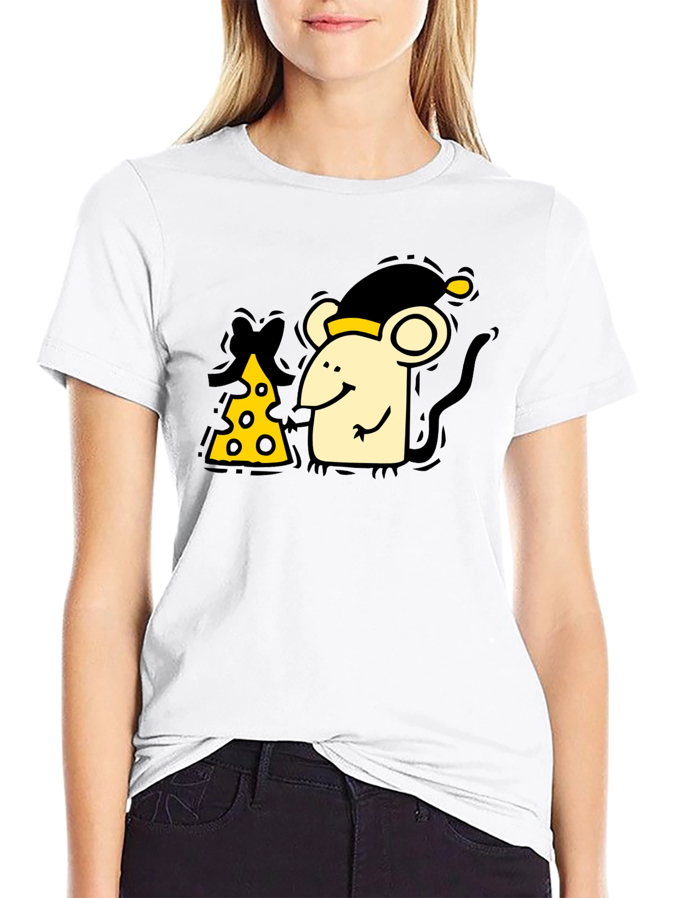 Cute Mouse & Cheese Graphic Black T-Shirt