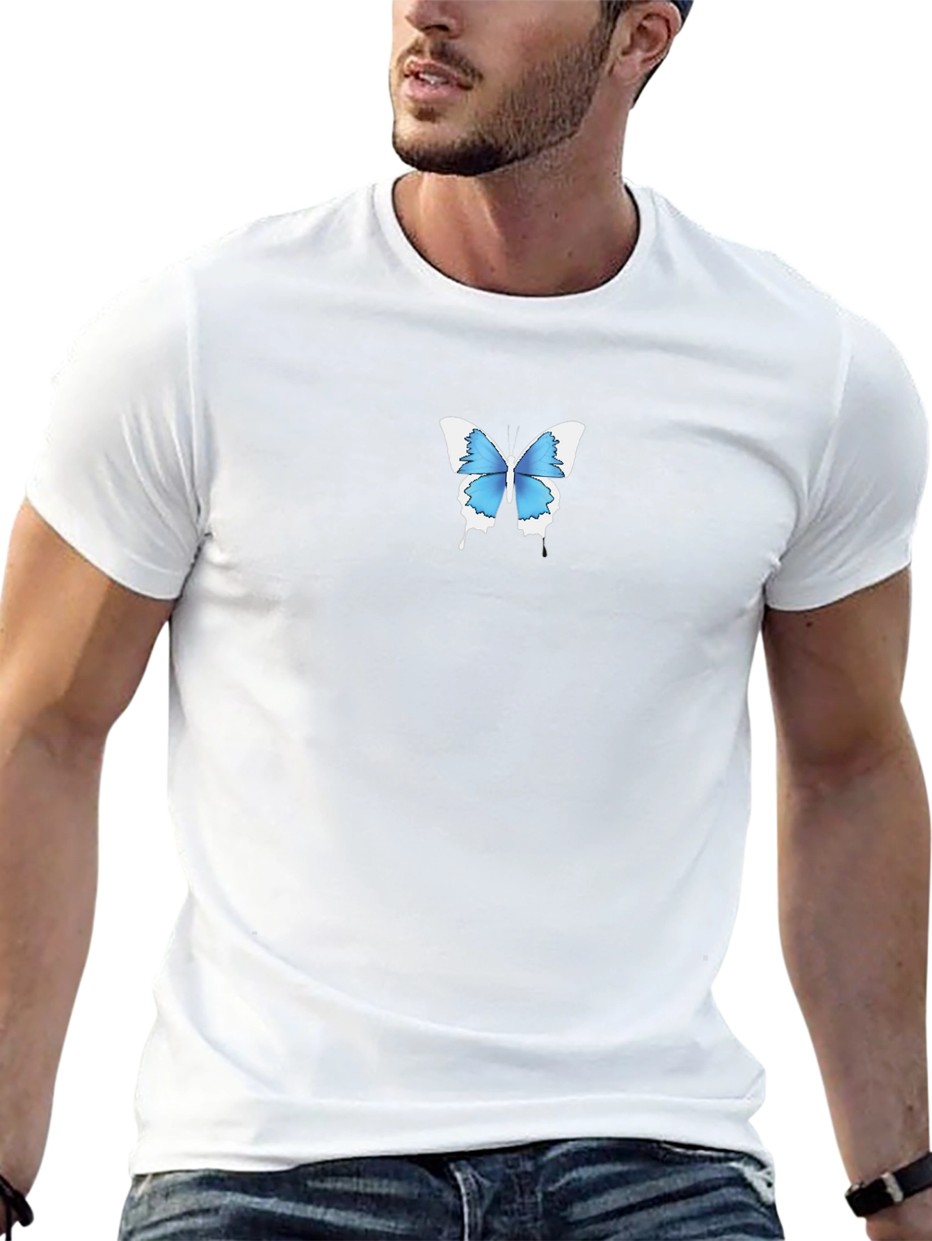 Mens Black T-Shirt with Blue Butterfly Graphic
