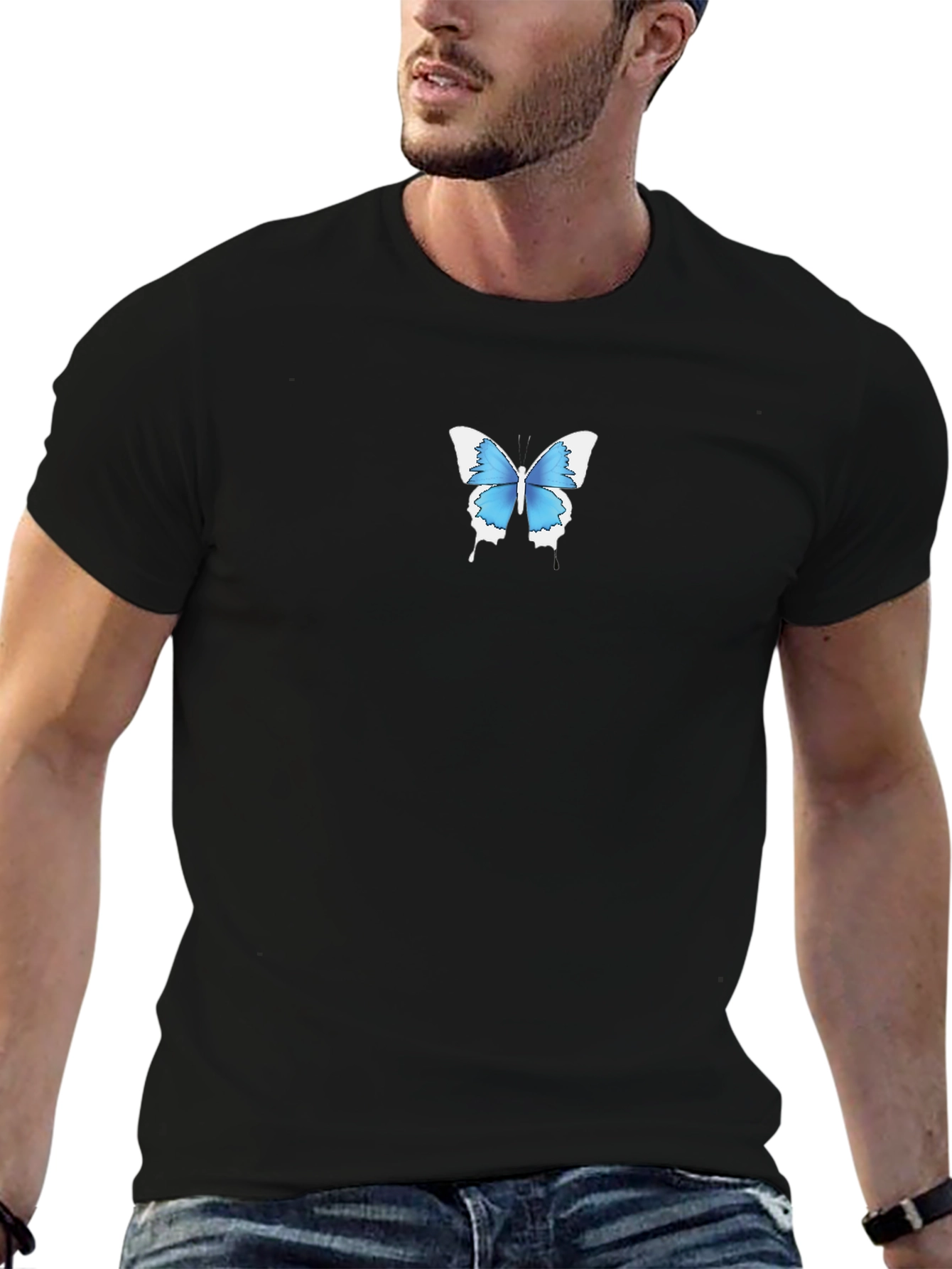 Mens Black T-Shirt with Blue Butterfly Graphic