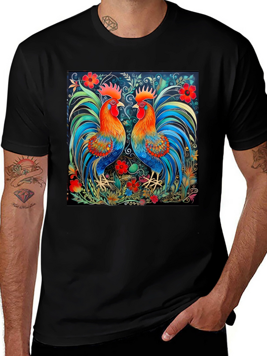 Rooster Art Print Black T-Shirt - Stylish Graphic Tee