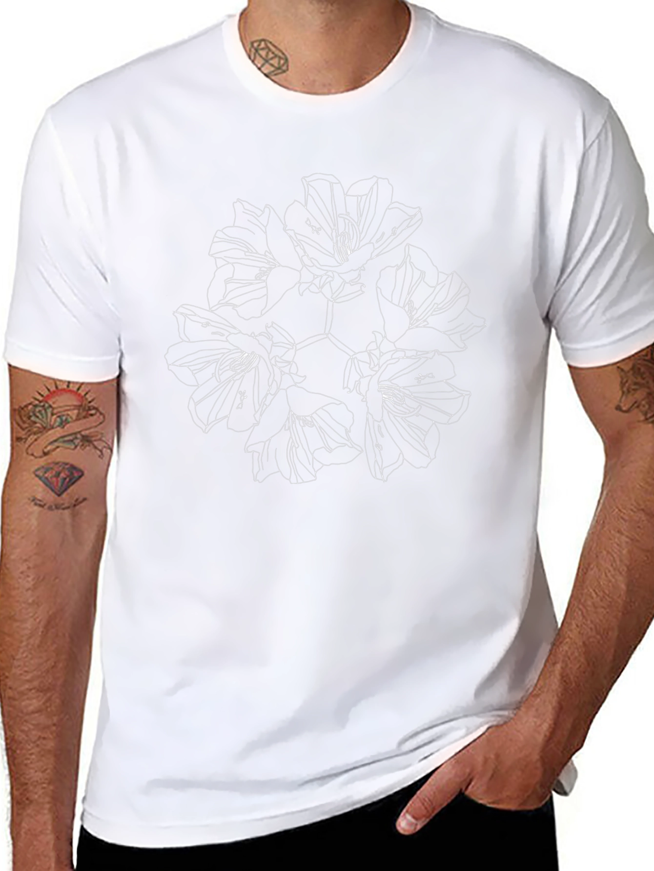 Floral Line Art Graphic Black T-Shirt