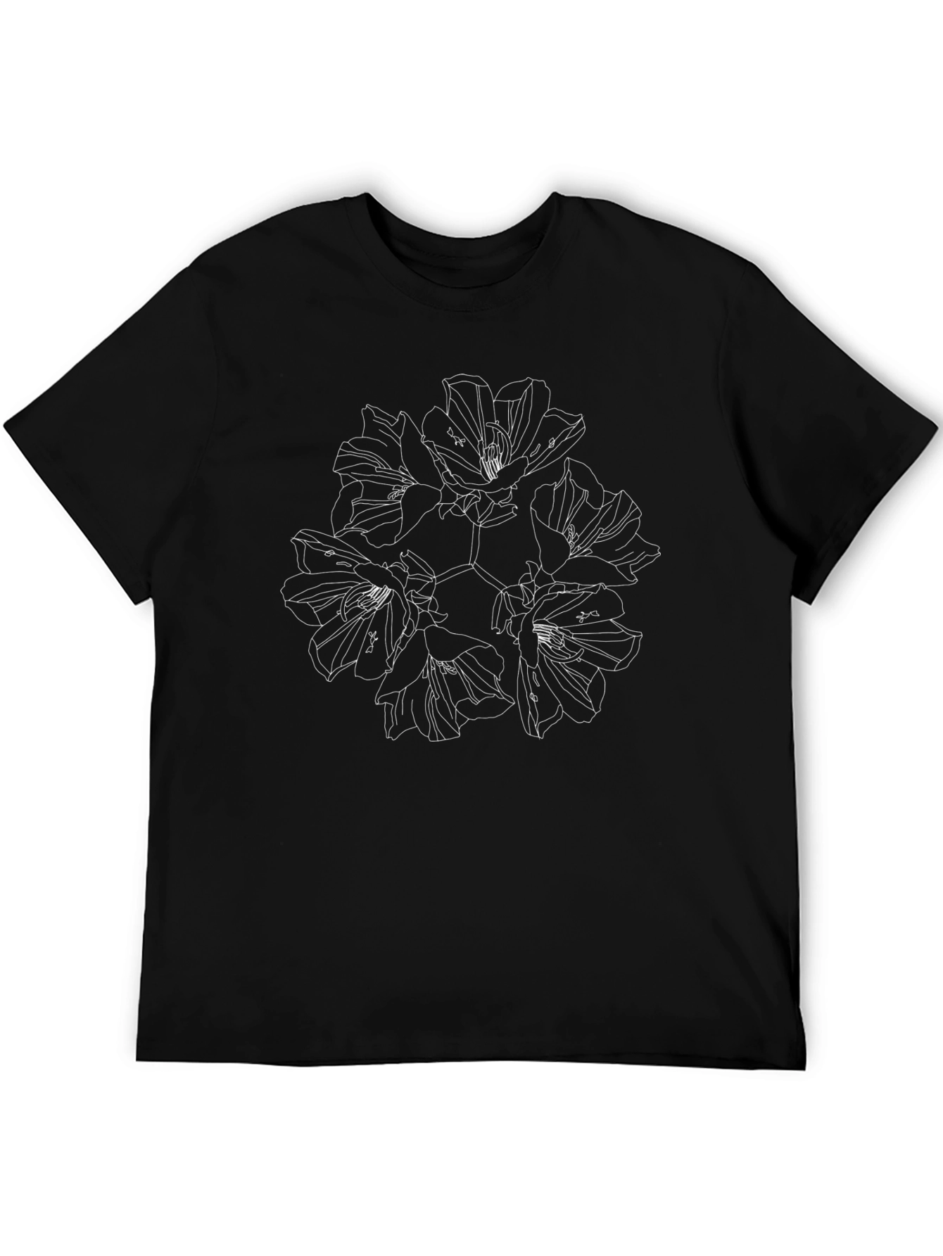 Floral Line Art Graphic Black T-Shirt