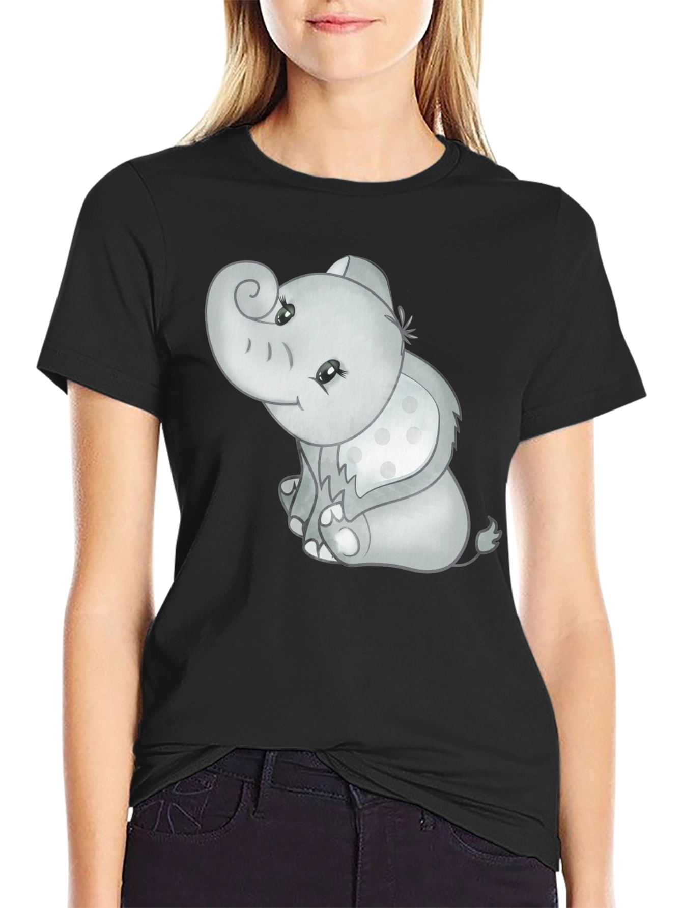 Cute Elephant Graphic Tee - Black Cotton Comfort