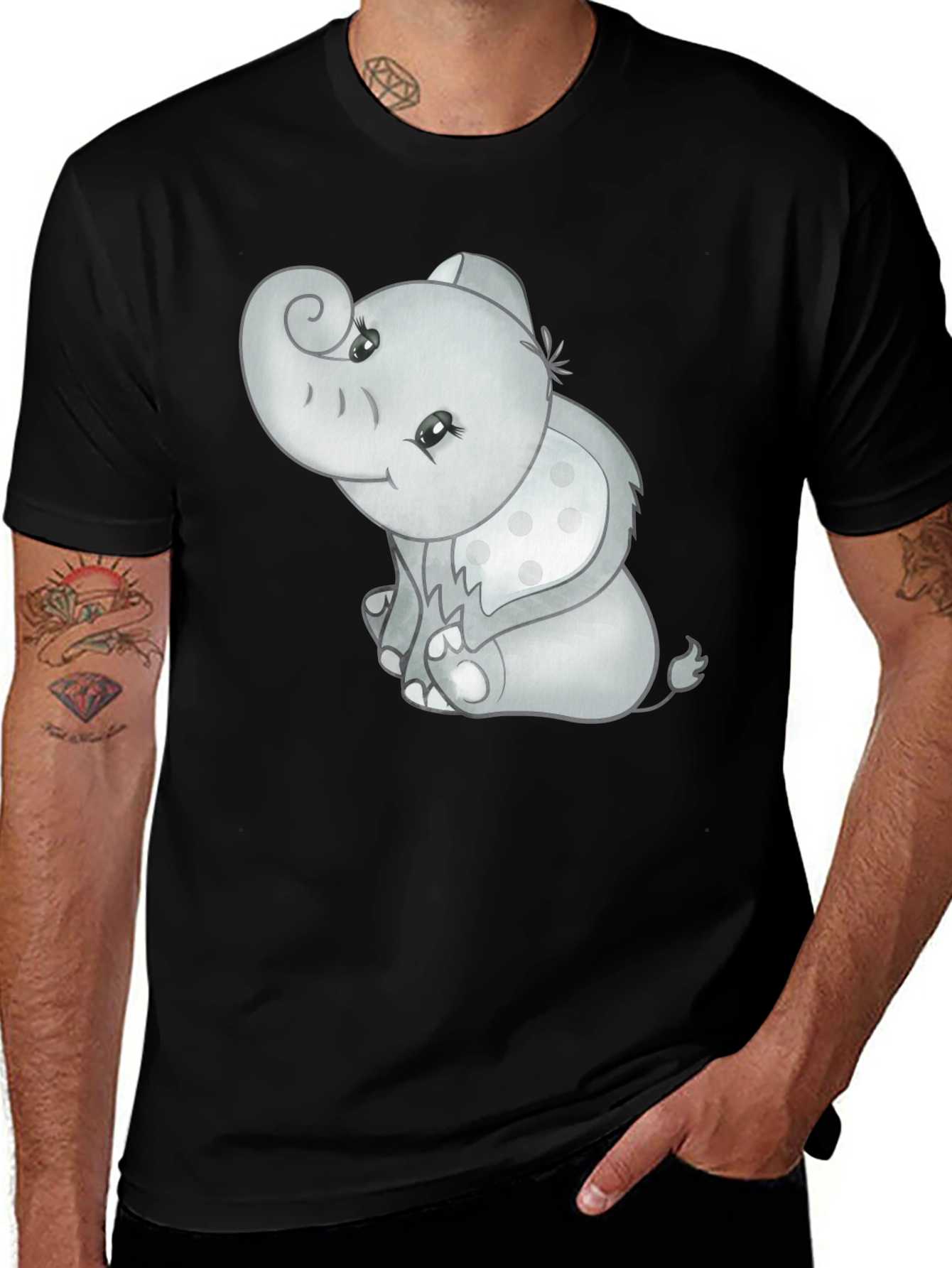 Cute Elephant Graphic Tee - Black Cotton Comfort