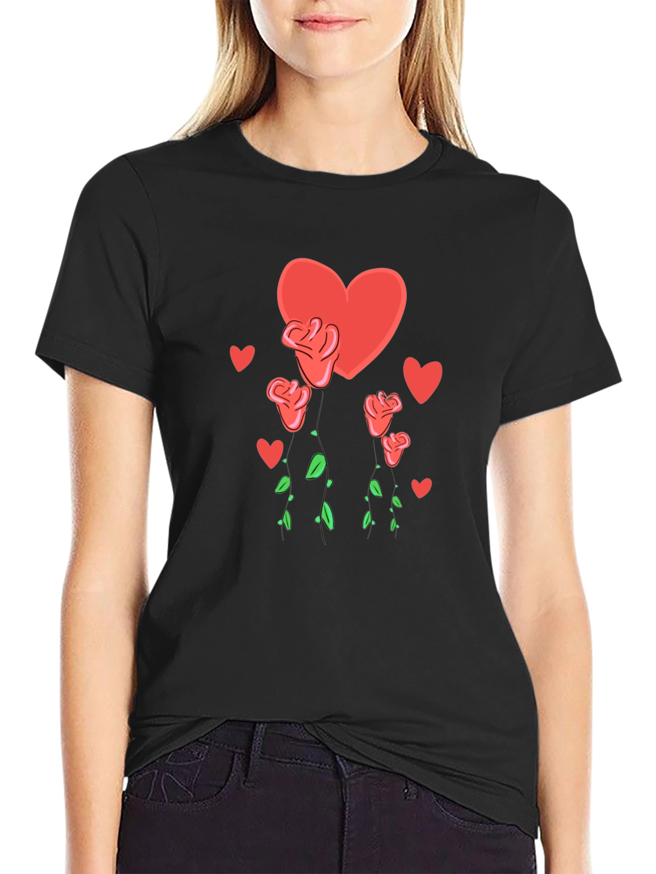 Heart and Roses Graphic Black T-Shirt