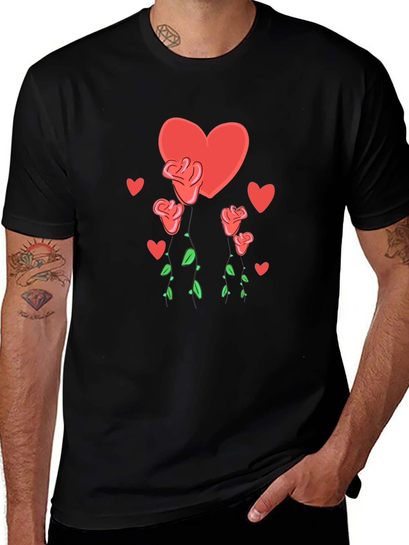Heart and Roses Graphic Black T-Shirt