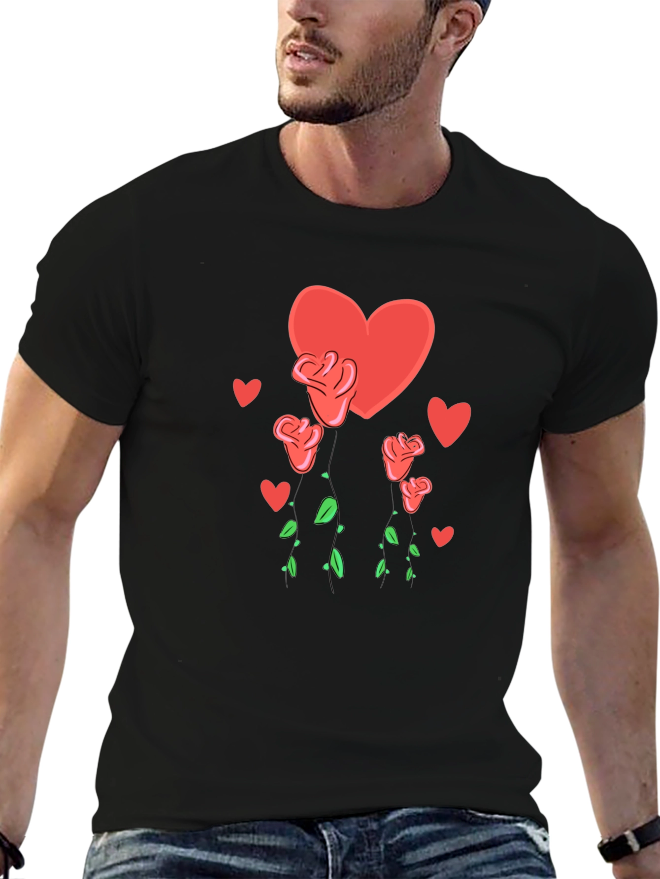 Heart and Roses Graphic Black T-Shirt