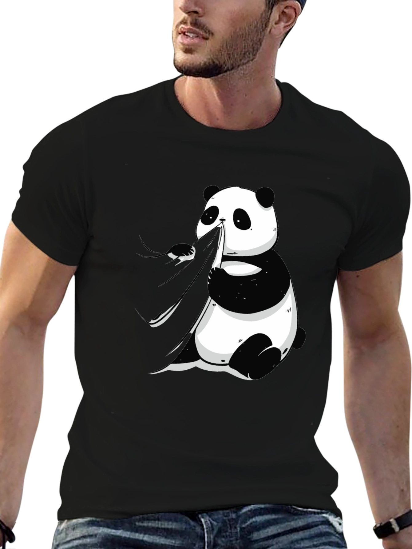 Panda Eating Bamboo Graphic Tee - Mens Black T-Shirt