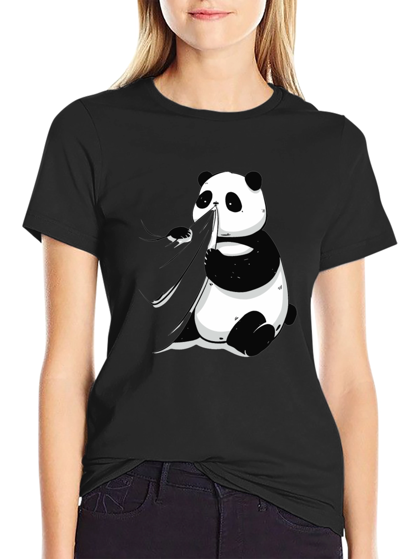 Panda Eating Bamboo Graphic Tee - Mens Black T-Shirt