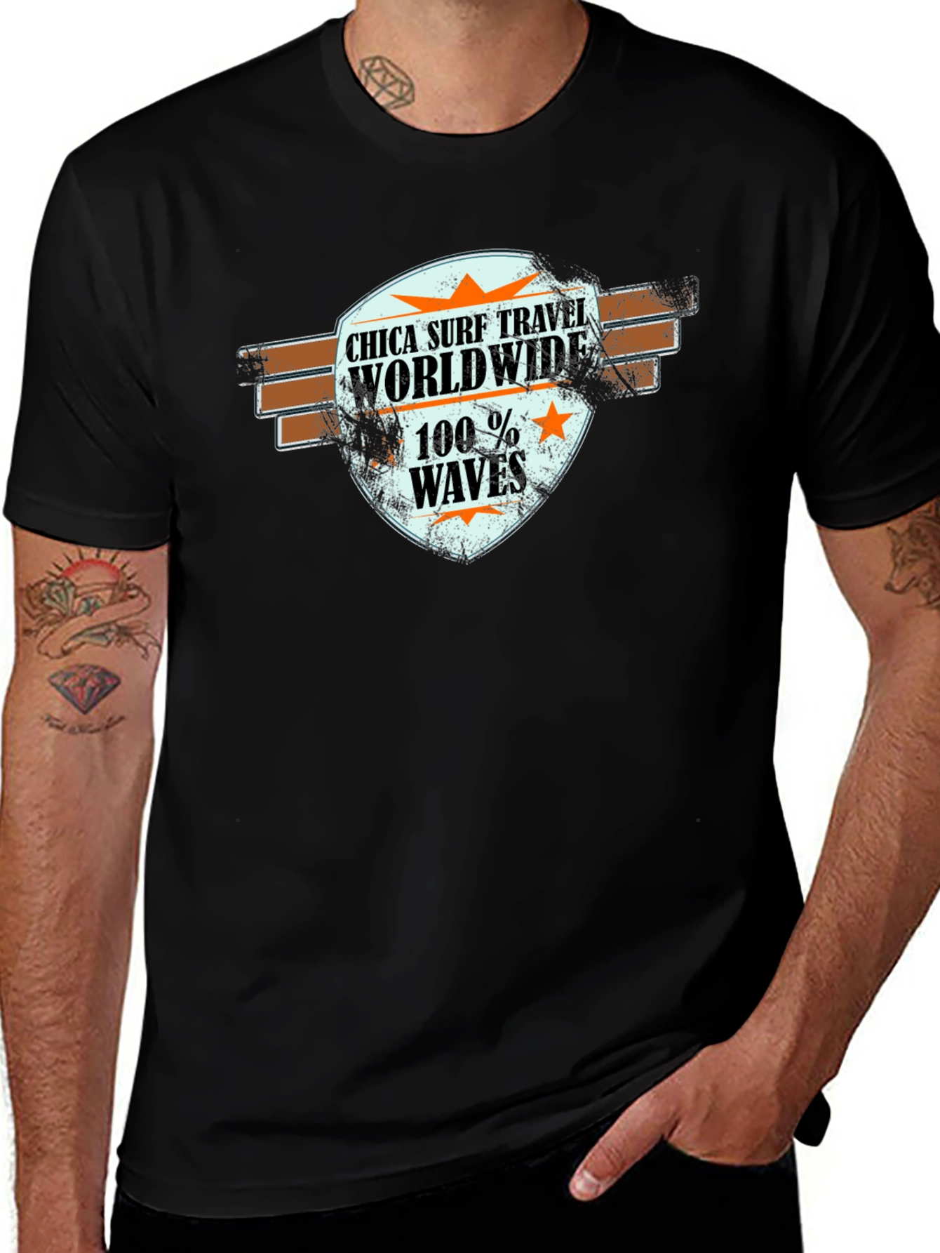 Chica Surf Travel Worldwide Black T-Shirt