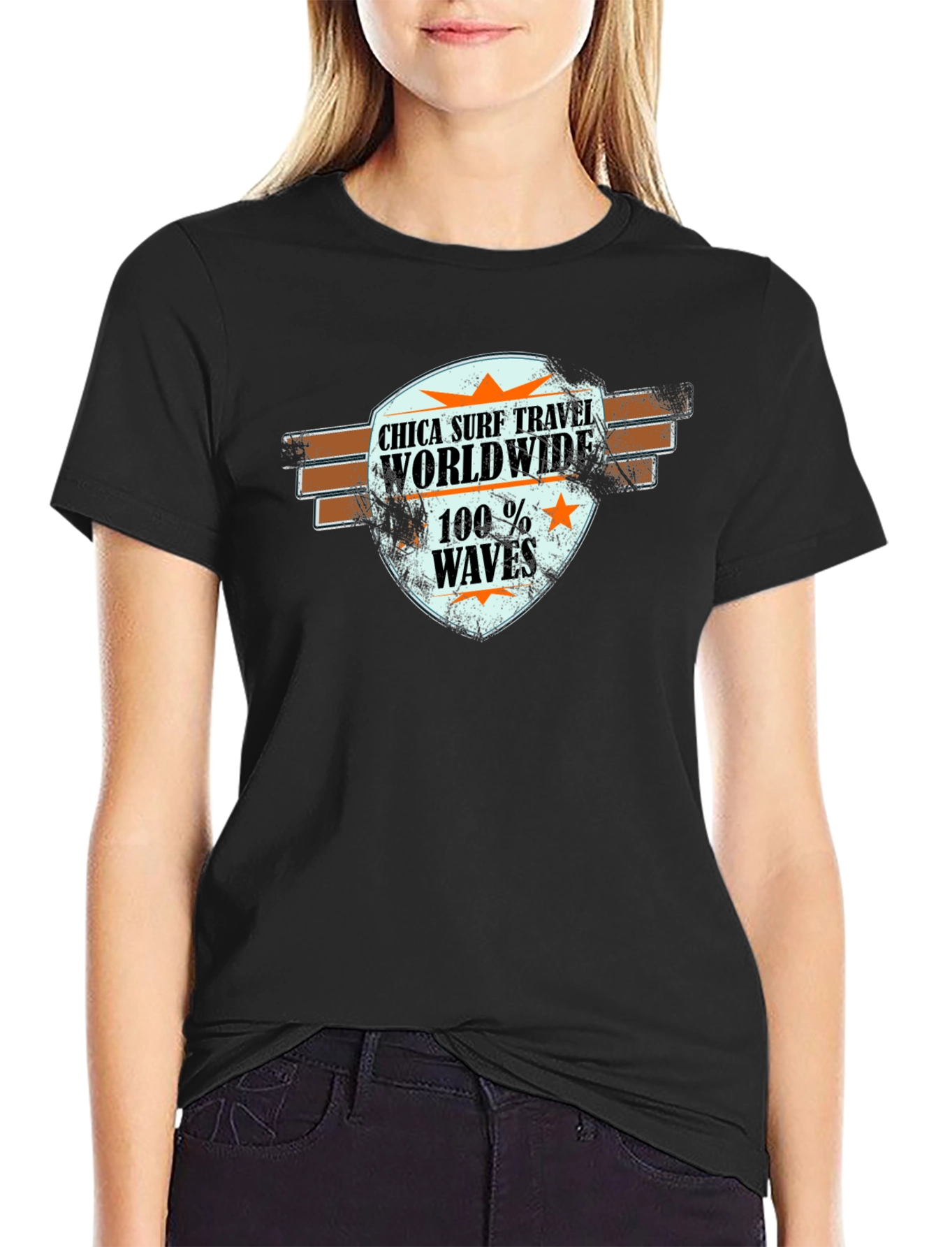 Chica Surf Travel Worldwide Black T-Shirt